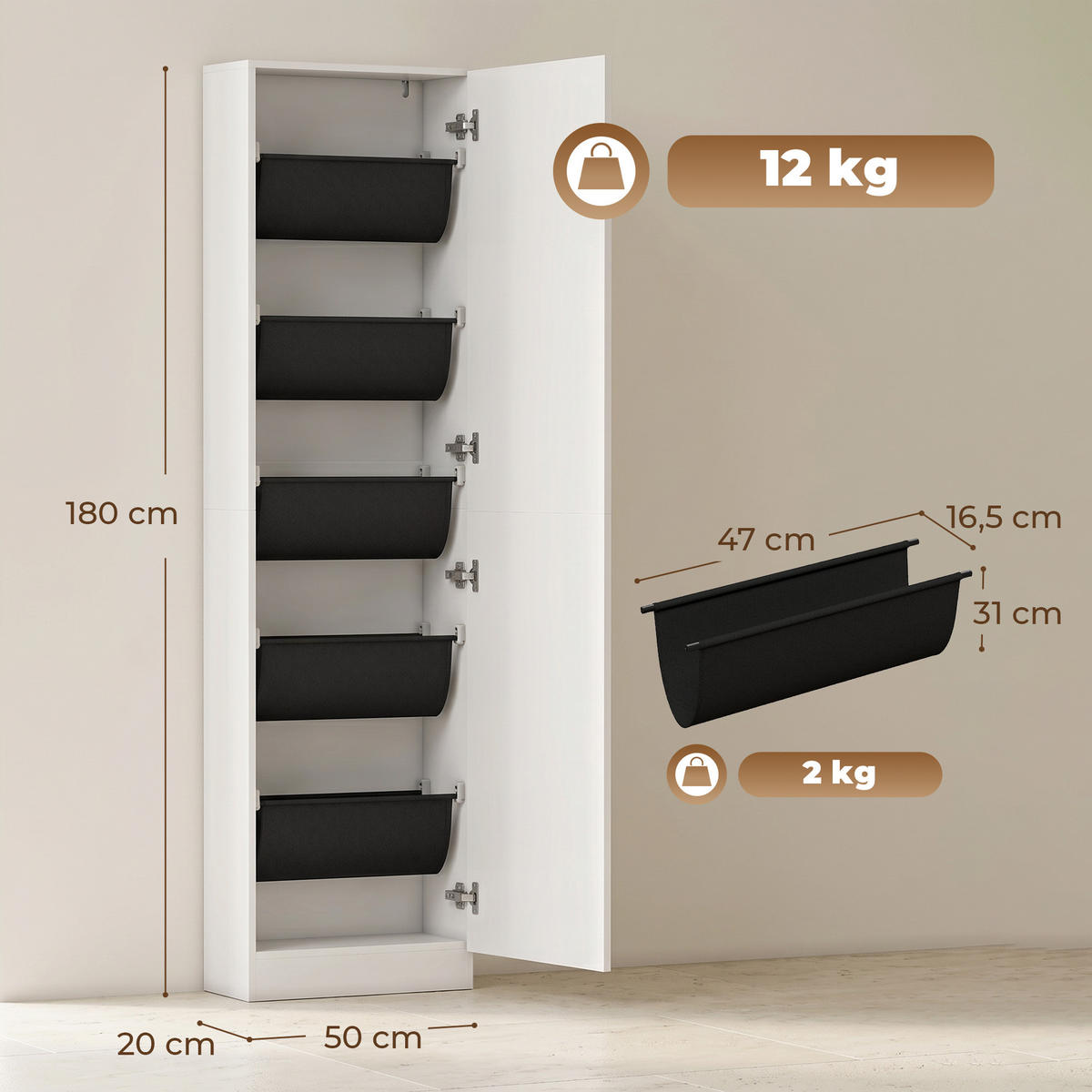 SCHUHSCHRANK Spanplatte Hartglas Weiß - Silberfarben/Weiß, Holzwerkstoff/Textil (20/180/50cm) - HOMCOM