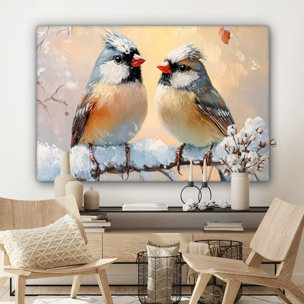 LEINWANDBILD Vögel - Zweig - Winter - Schnee Wohnzimmer Groß 120x80 cm - Pastellblau, Textil (120/80cm) - MuchoWow