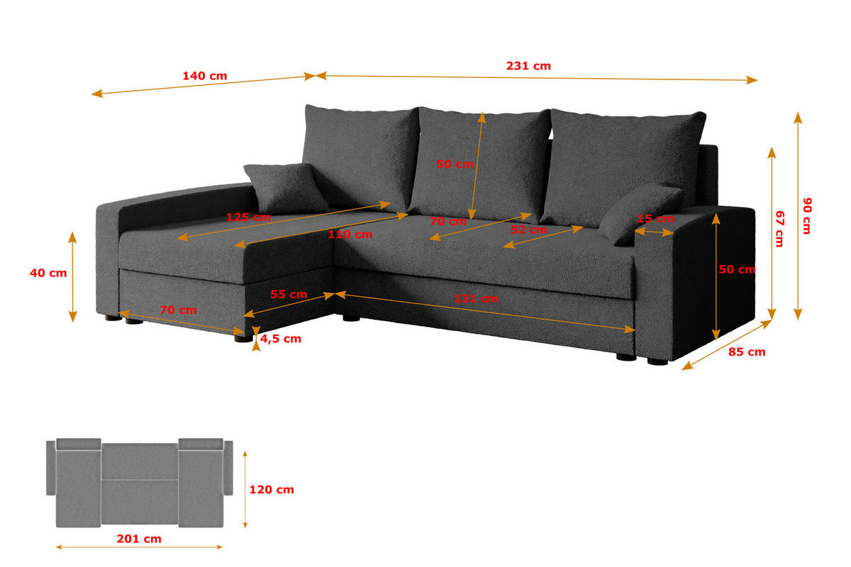 ECKSOFA mit Schlaffunktion und Bettkasten ALESIA-L 231x140x90 cm Grau Bouclé - Silberfarben/Grau, Holzwerkstoff/Kunststoff (231/140cm) - ALTDECOR