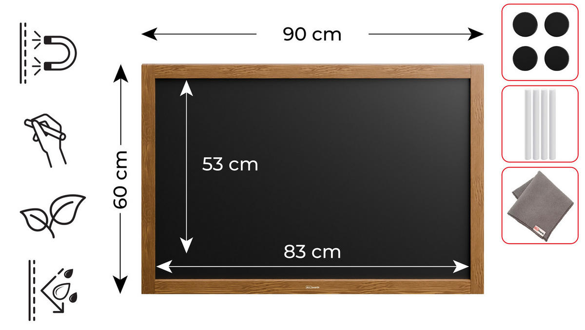 SCHWARZE magnetische Kreidetafel mit Holzrahmen 90x60cm - Braun, Metall (90/60/2cm) - ALLboards