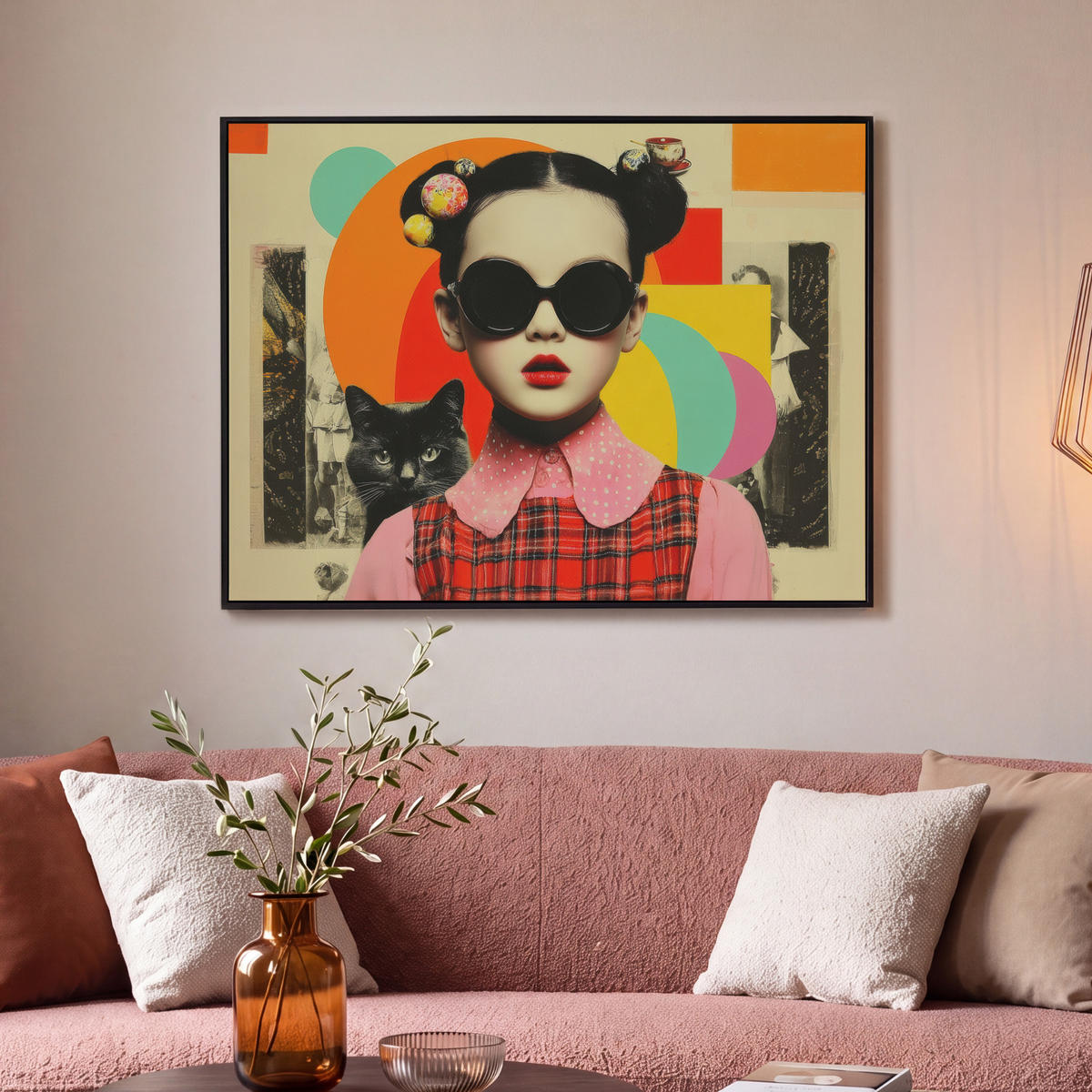 LEINWAND Bilder mit Rahmen - Mädchen - Sonnenbrille - Katze - Retro - 100x70 - Beige, Textil (100/70cm) - MuchoWow