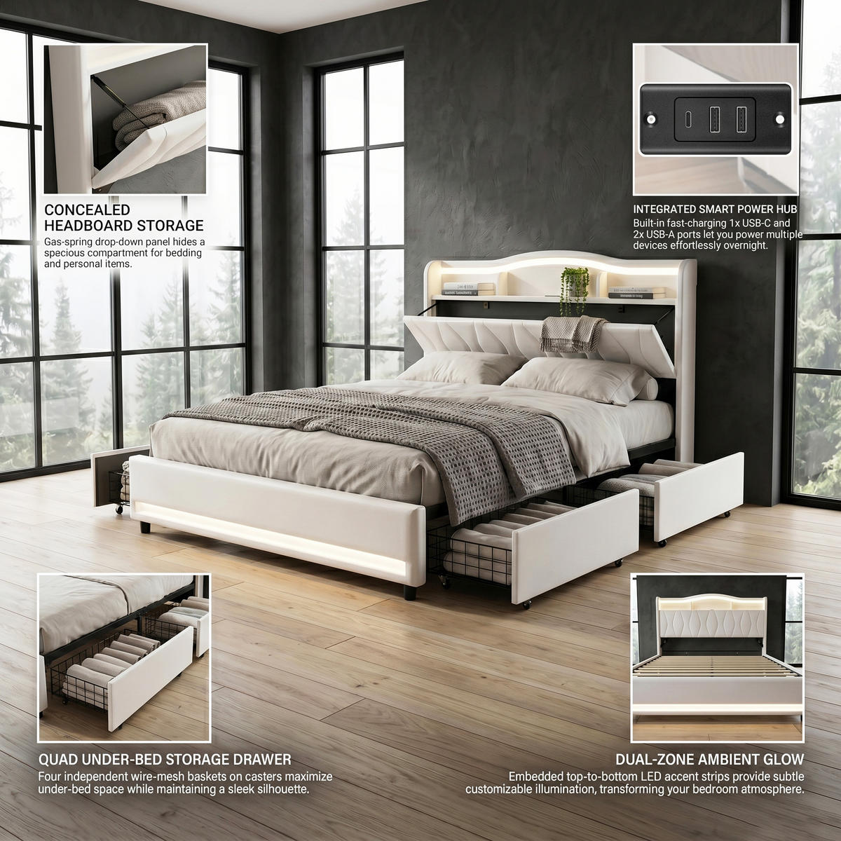 POLSTERBETT Geometrisch 160/200 cm mit 4 Schubladen & App-LED Samtoptik Beige - Beige, Textil (160/200cm) - Creahappy