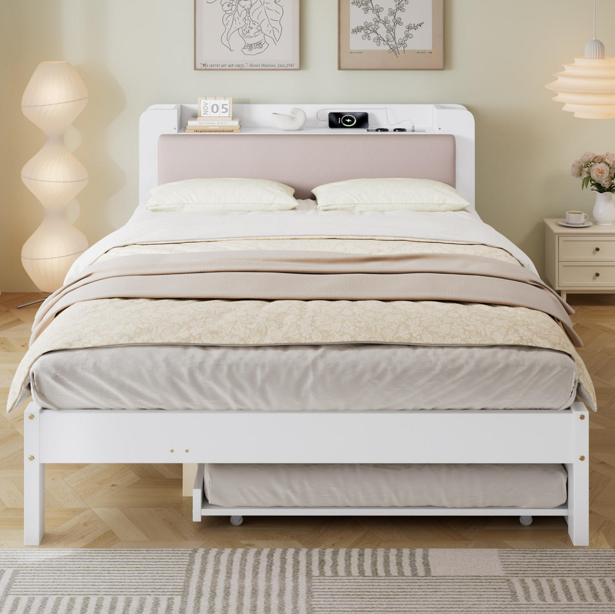 FUNKTIONSBETT aus Kiefer und MDF 120x200 cm Weiß mit Ausziehbett 90x190 cm und Ladestation - Weiß, Holz (120/200cm) - IVMEU