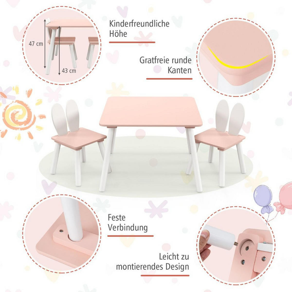 KINDERTISCH mit 2 Stühlen rosa(3-tlg) - Pink, Holzwerkstoff (62/43/62cm) - COSTWAY