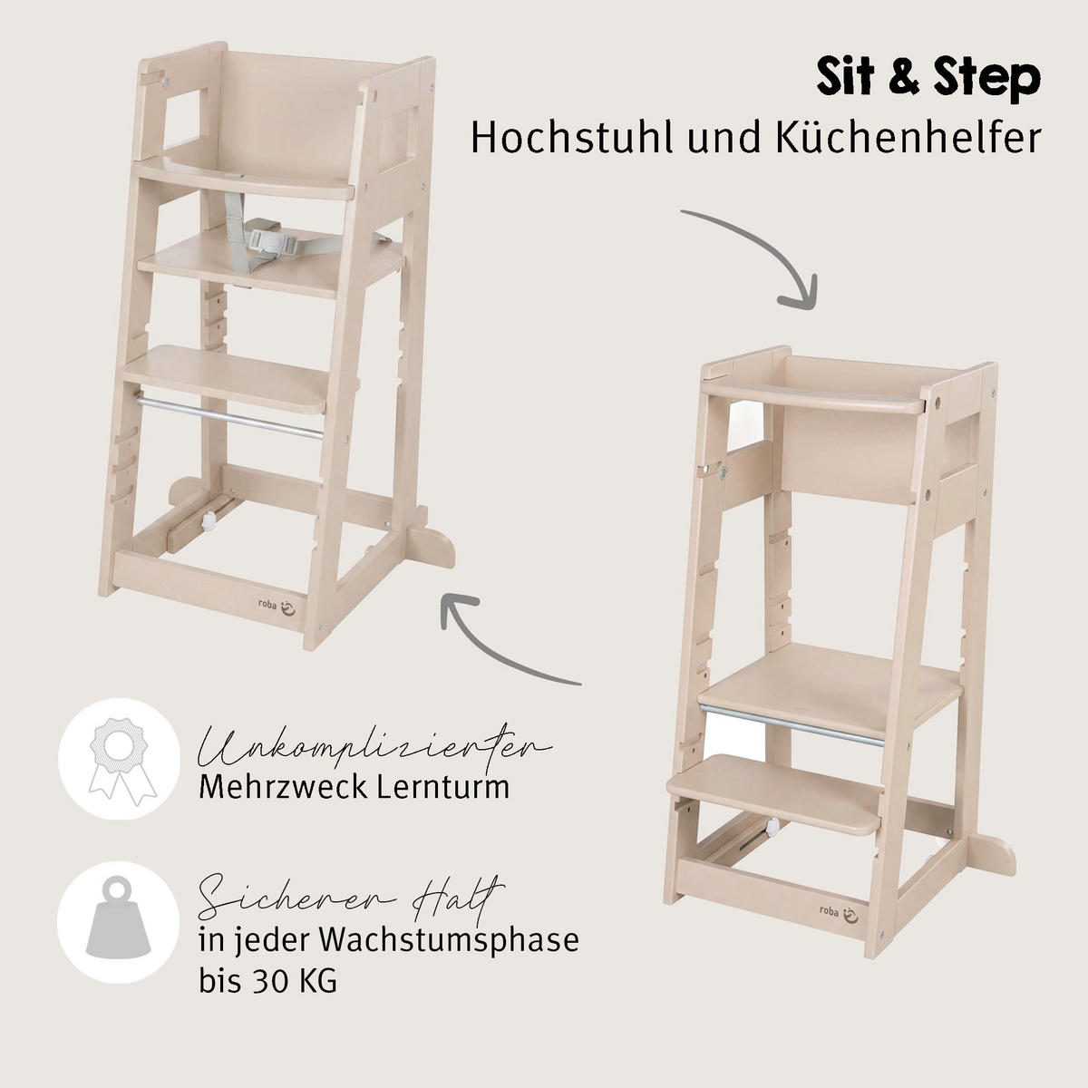LERNTURM Sit & Step 2in1 - Kaschmir, Holzwerkstoff/Metall (53.5/88/51.5cm) - Roba