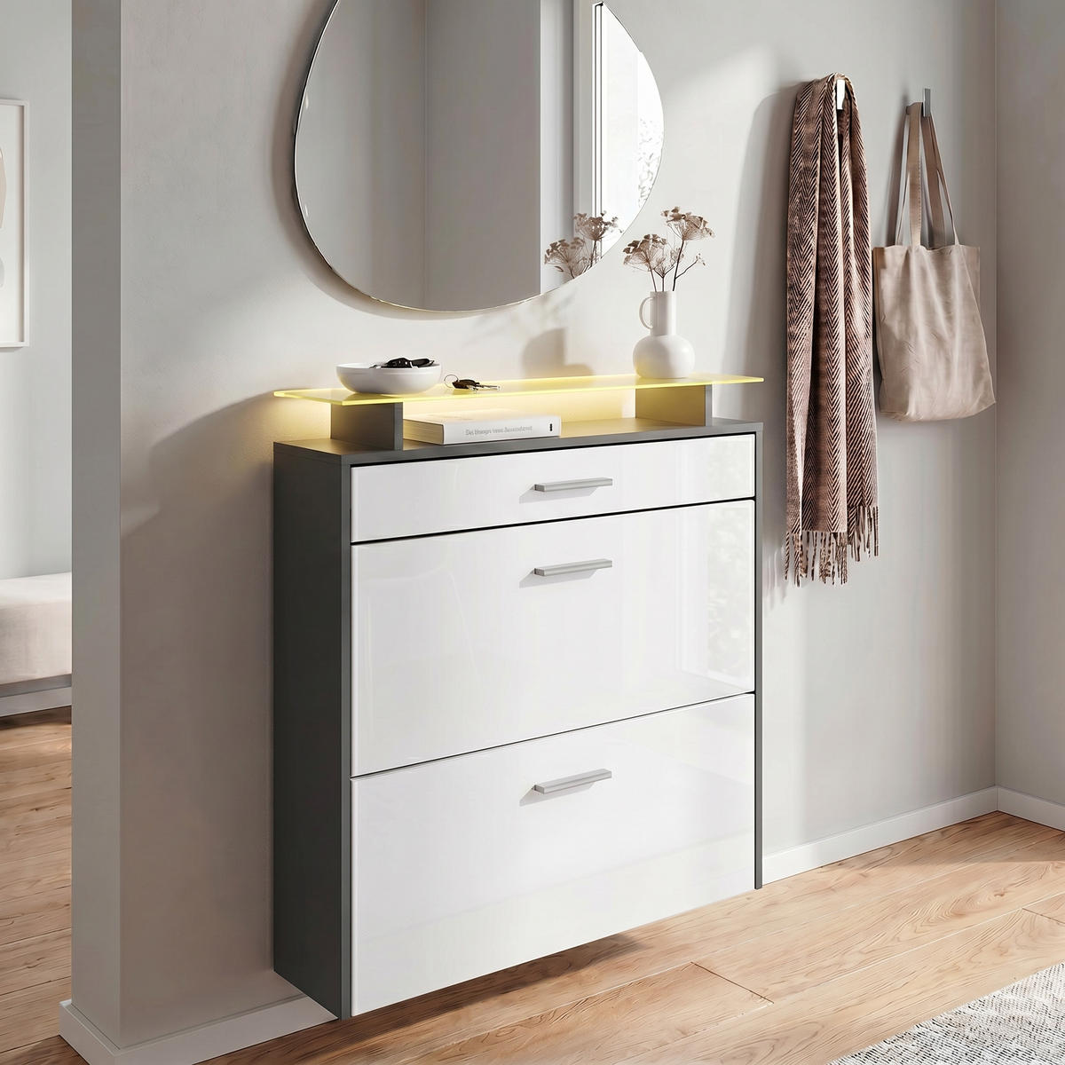 SCHUHSCHRANK Malea Fronten in Weiß Hochglanz - Weiß Hochglanz, Holzwerkstoff (89/96/23cm) - Vladon