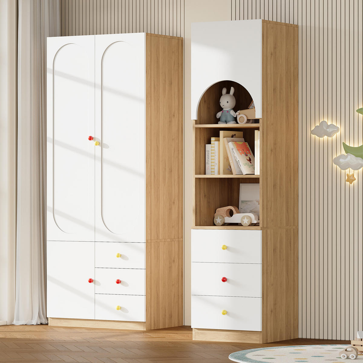 KLEIDERSCHRANK-SET aus MDF 80x45x200 cm und 50x50x200 cm Weiß/Natur mit Schubladen, Regal und Anti-Kipp-Schutz - Weiß, Holzwerkstoff (130/200/50cm) - Modfu