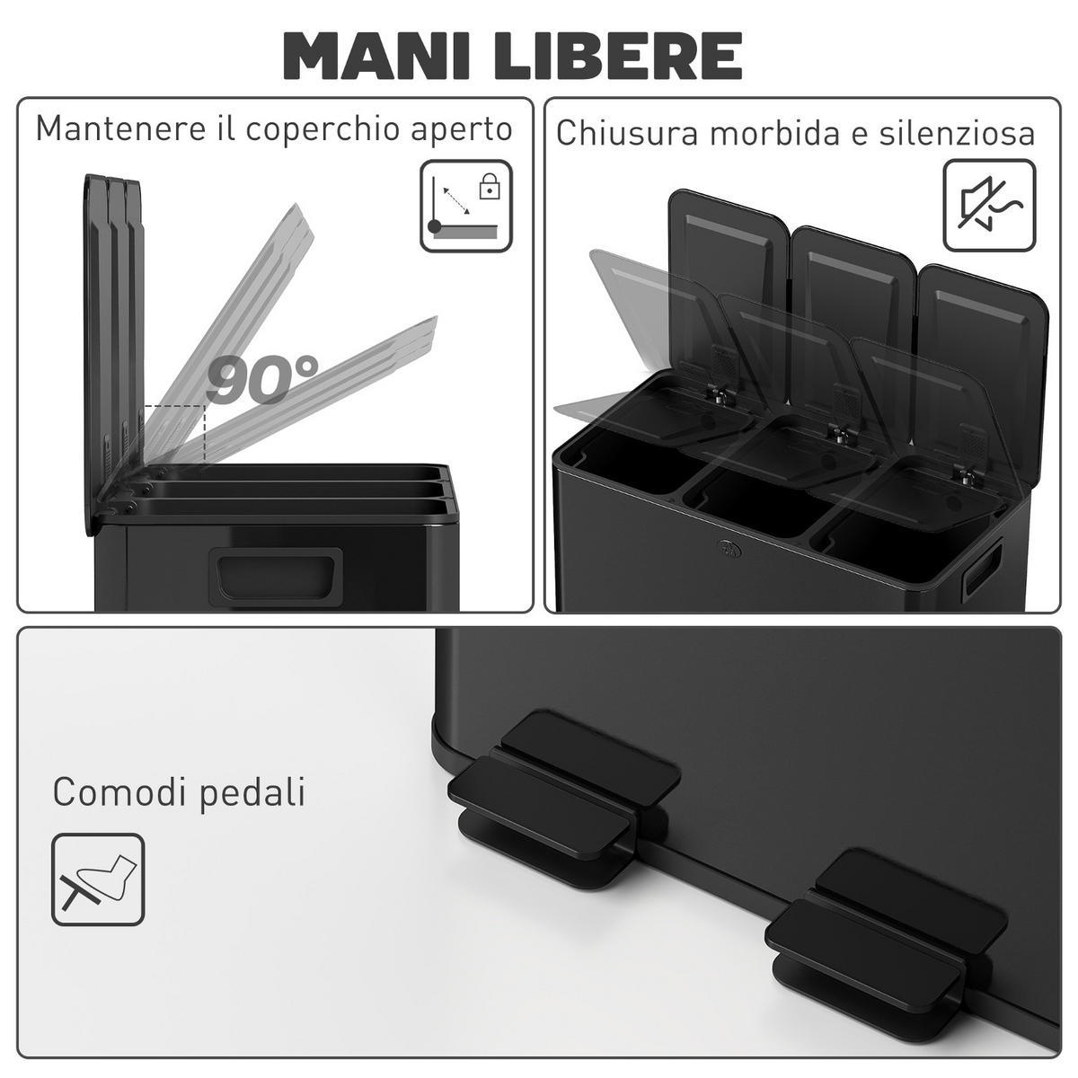 MÜLLTRENNSYSTEM 3 FÄCHER 60L 61,9/36,6/56,7 cm Edelstahl Schwarz Treteimer - Schwarz, Metall (36.6/56.7/61.9cm) - Rolipo