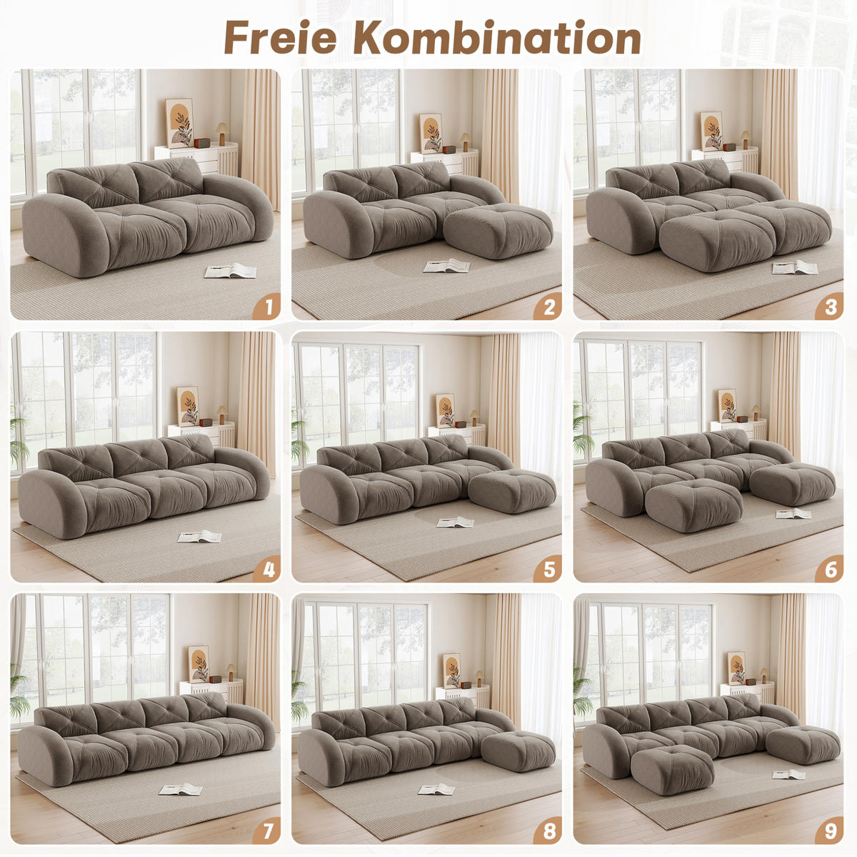 ECKSOFA in Taupe aus Chenille mit Hocker und flexibler Gestaltung - Taupe, Textil (171/358cm) - Flora Grace
