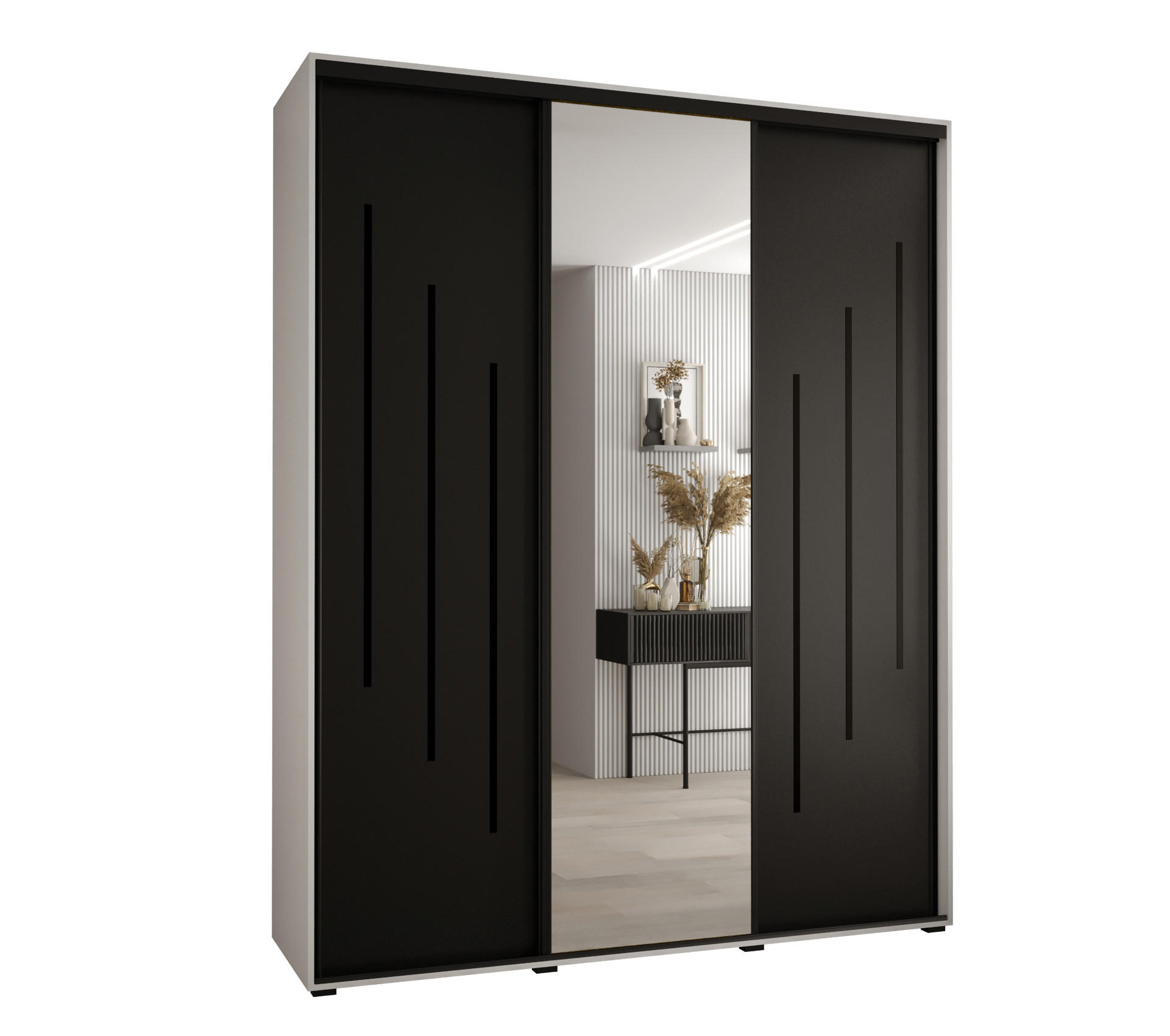 Abiks Möbel Schwebetürenschrank Weiß, Schwarz, Schwarz 200x235x45 cm