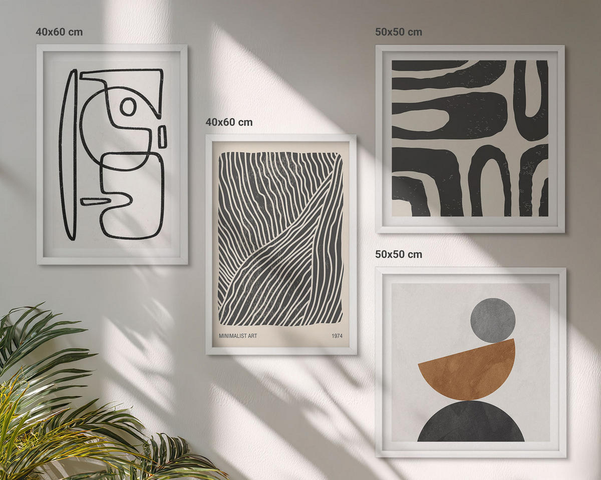 WANDBILDER 4er-Set - 50x50 cm & 40x60 cm Weißer Rahmen - Abstrakte Muster mit Linien - Weiß, Kunststoff (50/50cm) - ArtPrintCave