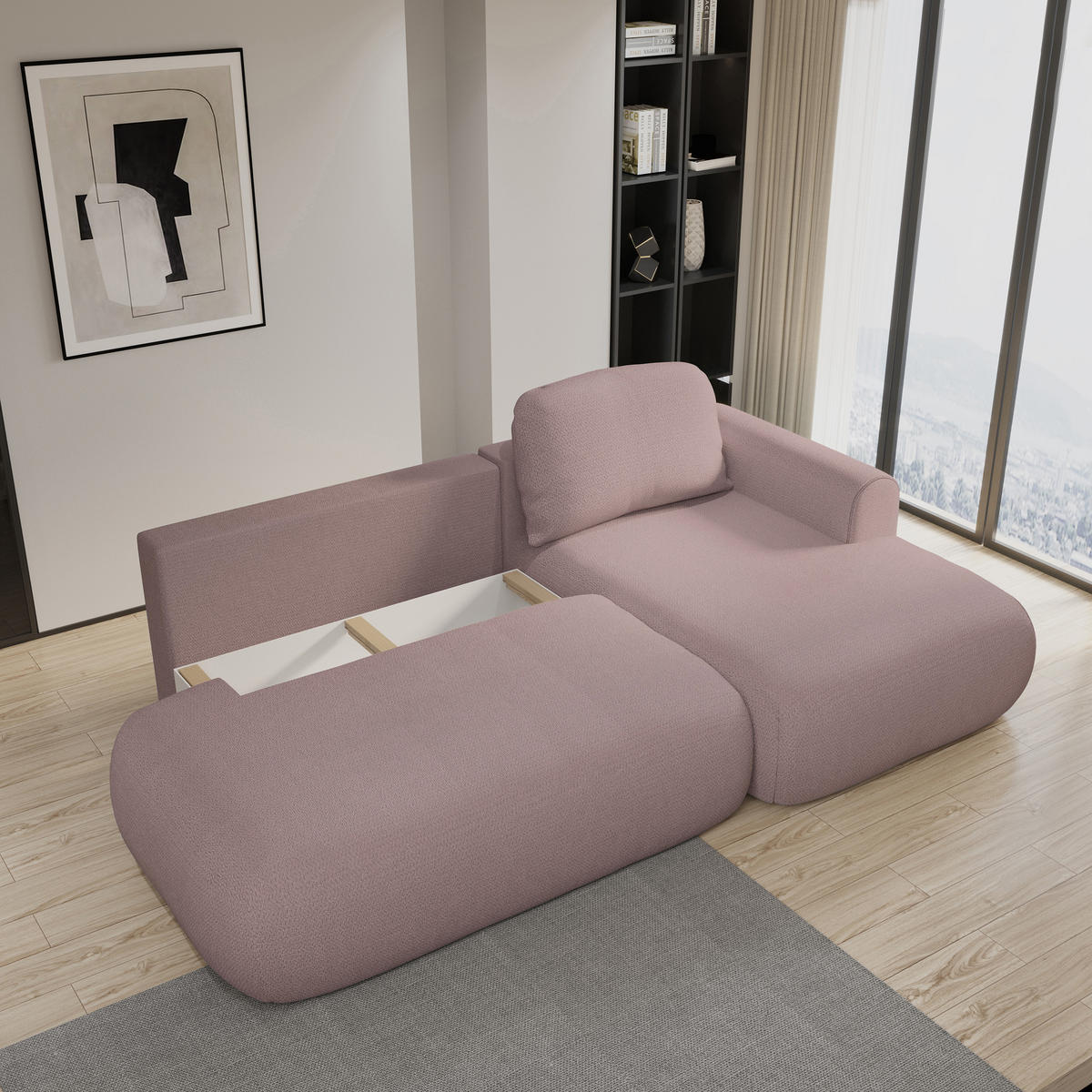 ECKSOFA NUVIRA R-S Rosa Geflochtener Stoff mit Schlaffunktion - Rosa, Holz (274/165cm) - MASSENO