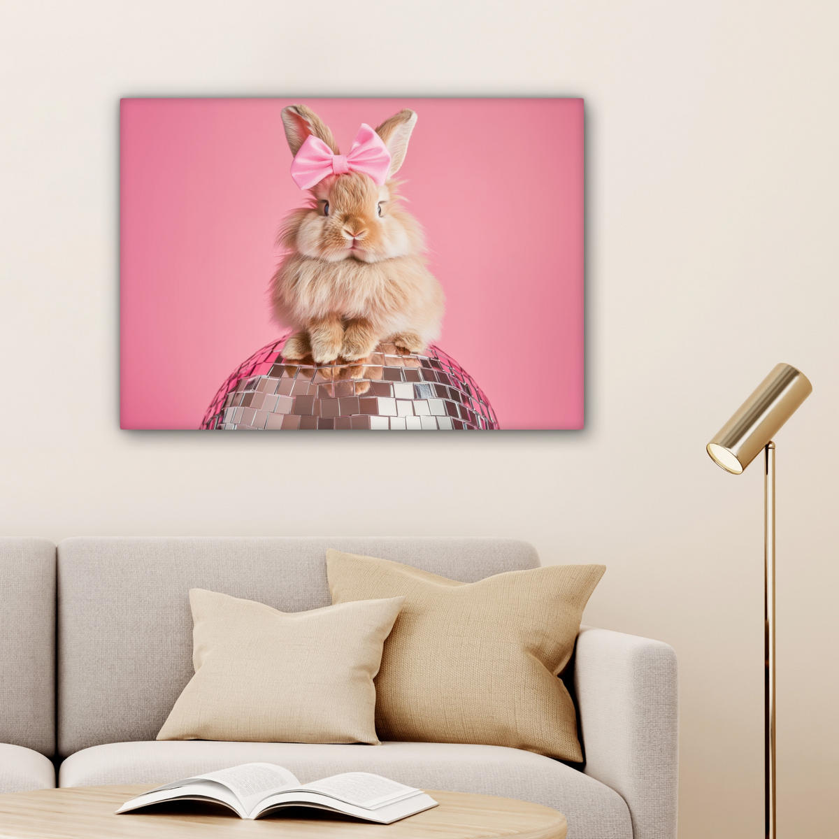LEINWANDBILD Schleife - Discoball - Kaninchen Wandbilder 80x60 cm - Pink, Textil (80/60cm) - MuchoWow
