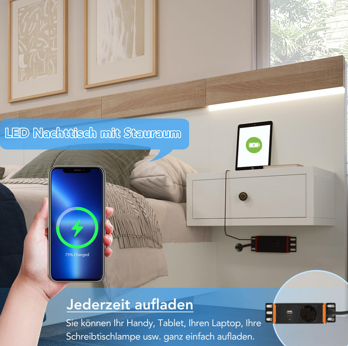 DOPPELBETT 180/200 cm mit 2 LED-Nachtkommoden, USB/Typ-C und EU-Steckdose, bett in Schwebeoptik, Weiß/Sonoma-Eiche - Weiß, Holzwerkstoff (180/200cm) - Redom