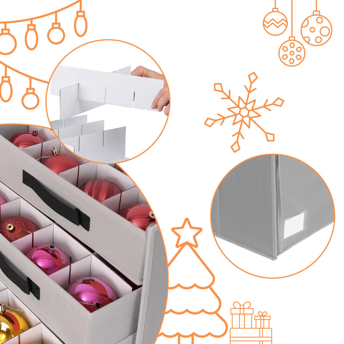 WEIHNACHTSKUGEL-AUFBEWAHRUNGSBOX - Grau, Wellpappe/Textil (36.5/40/36.5cm) - Relaxdays