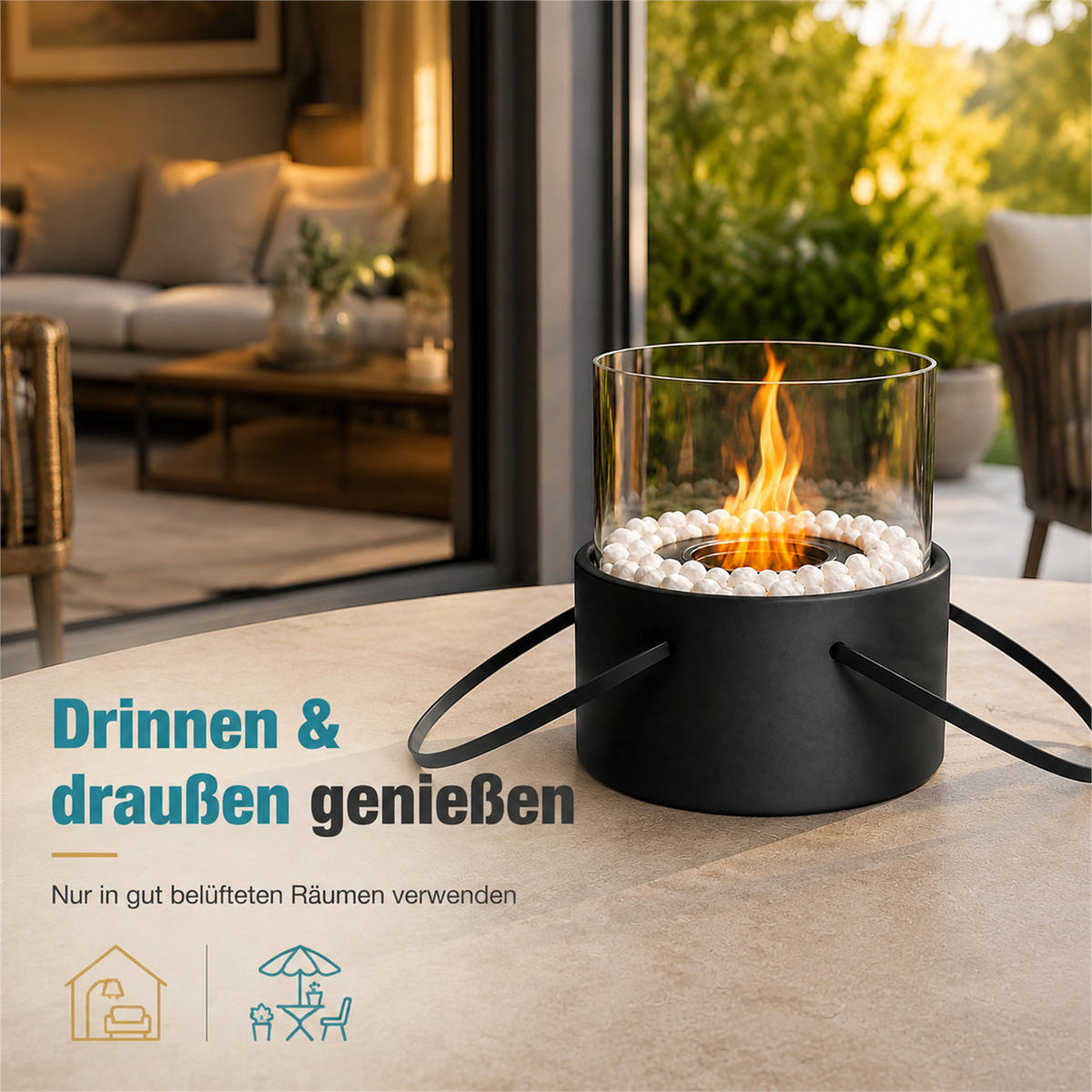 TISCHKAMIN Krythvar 16/16/17.2 cm - Schwarz, Glas/Metall (16/17.2/16cm) - ZMH