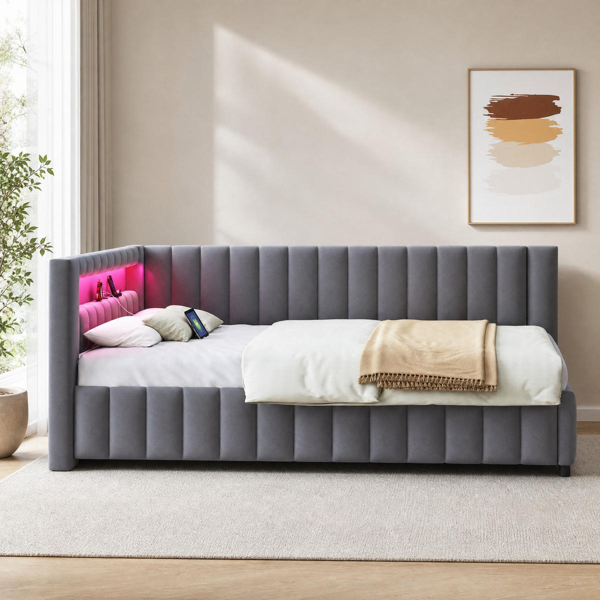 POLSTERBETT 140/200 mit LED, USB-Anschluss und Rückenlehne in Grau - Grau, Holzwerkstoff/Textil (140/200cm) - EVRYAE
