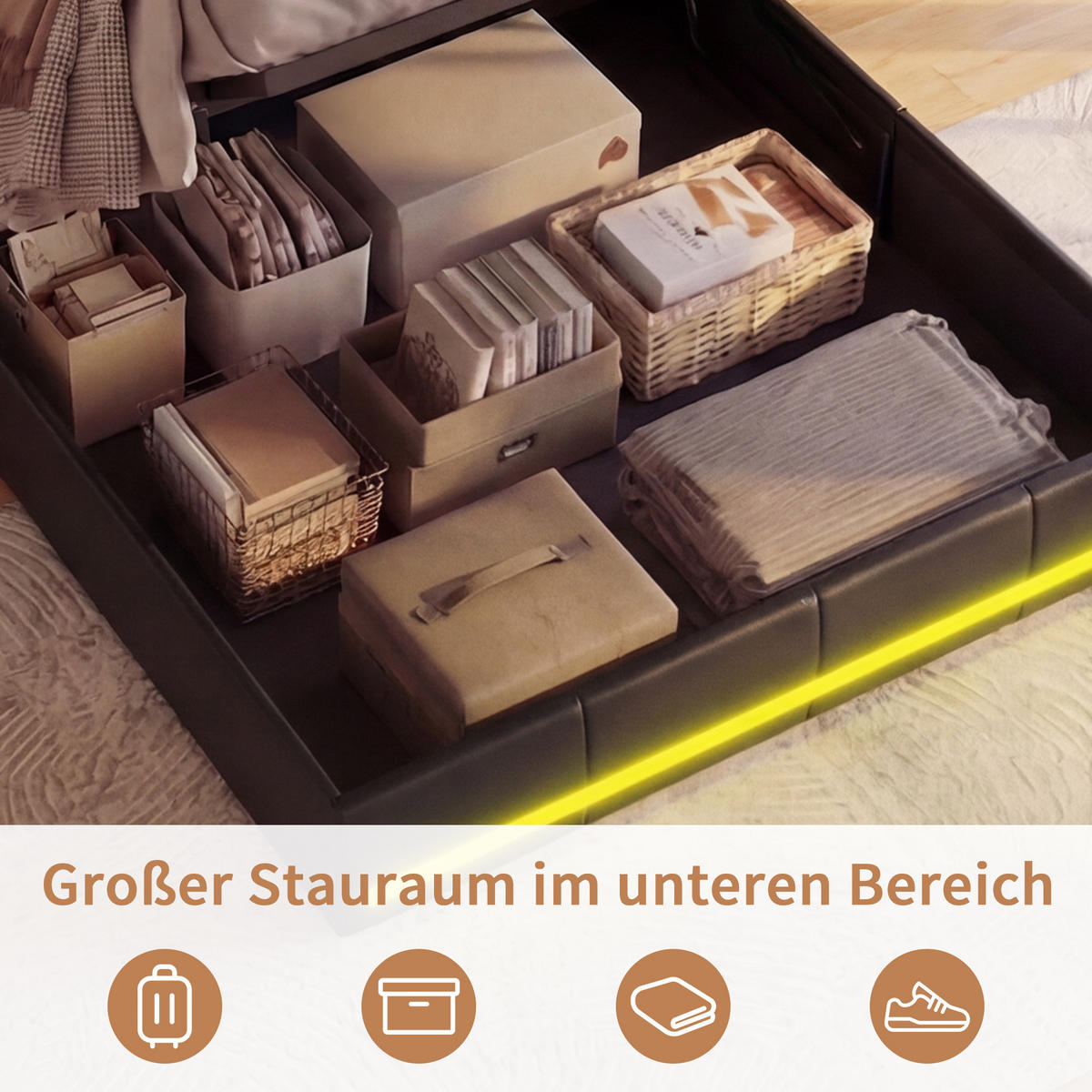 POLSTERBETT 140/200 cm mit Ablagekopfteil, RGB-LED-Beleuchtung am Kopfteil und am Fußende, Lederlook-Bezug - Schwarz, Holz/Metall (140/200cm) - Joyfair