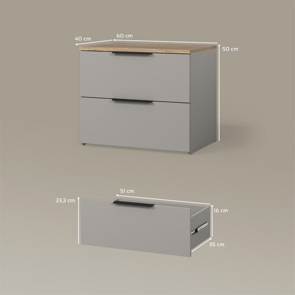 KOMMODE Piave Greige 60 x 50 cm mit 2 Schubladen - Greige, Holzwerkstoff (60/50/40cm) - Livinity®