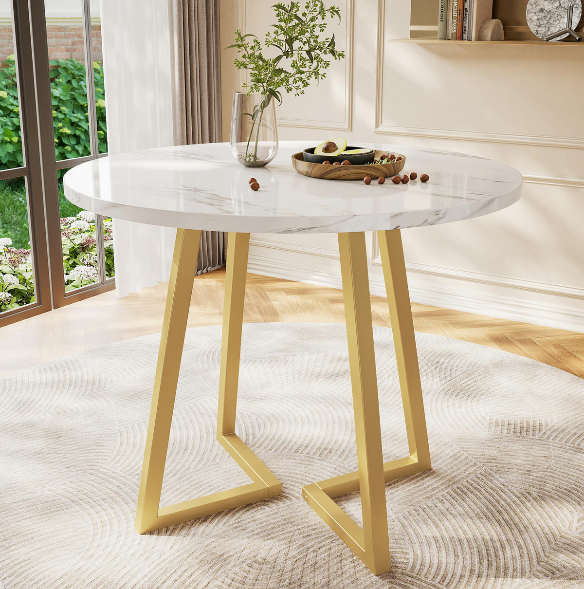ESSTISCH, MDF mit Marmor-Muster & Metallgestell, Ø 80/75 cm, Weiß - Goldfarben, Holzwerkstoff (80/80/75cm) - Redom