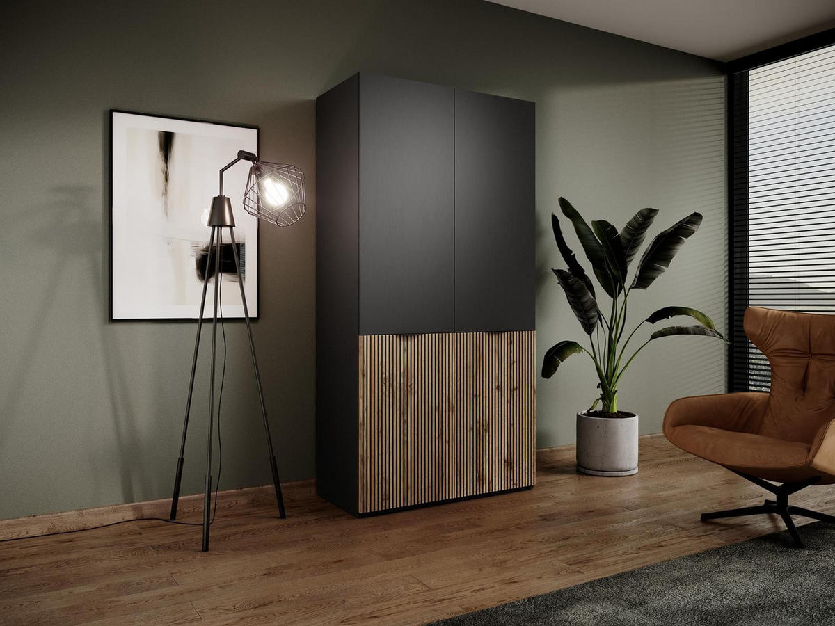 KLEIDERSCHRANK Sandbox Sentino Schwarz, Wotan Eiche, Drehtürenschränk - Eiche Wotan/Schwarz, Holzwerkstoff (101/200/51cm) - Bettso