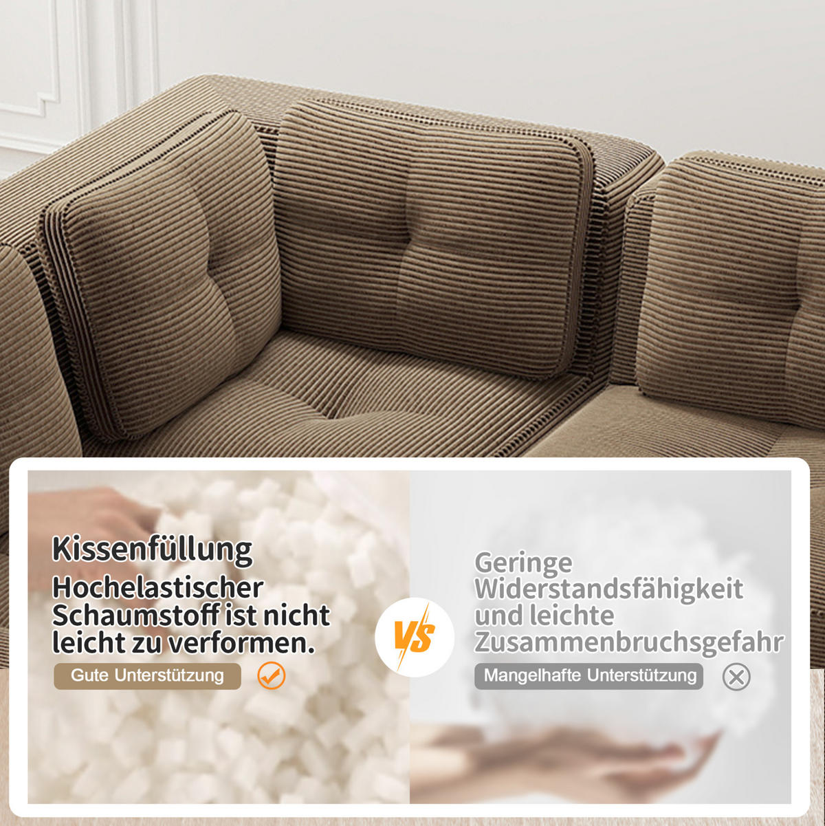 ECKSOFA 208/104/69 cm braun aus Cord mit modularem Design und weichem Komfort - Braun, Textil (104/208cm) - OKWISH