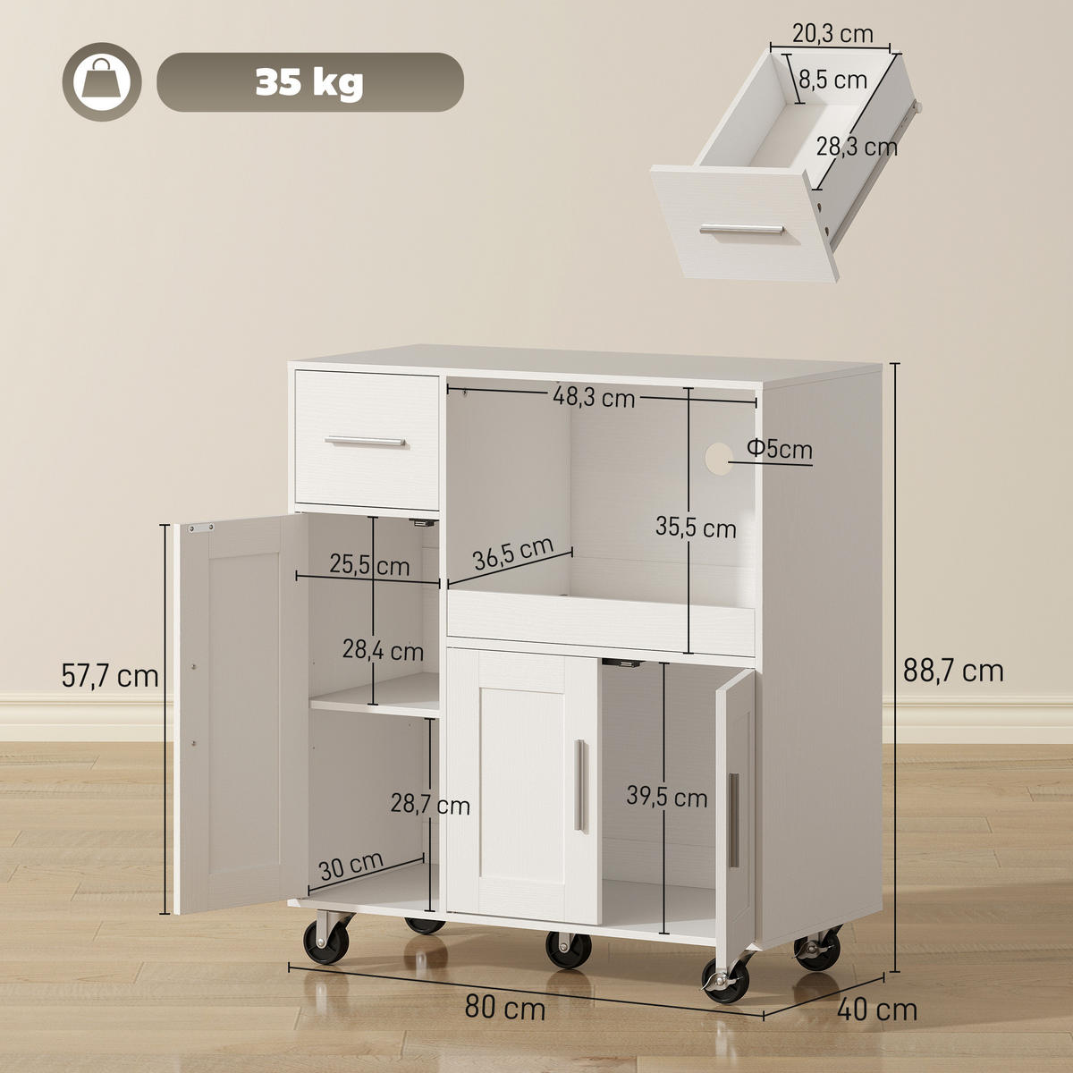 KÜCHENWAGEN, rollbar, Mikrowellenschrank, Auszug, Schublade, 3-türiger Schrank, weiß, 80x40x88,7cm - Multicolor, Metall (80/88.7/40cm) - FORIOUS