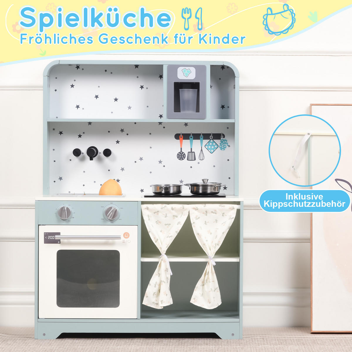 KINDERKÜCHE Blau – Spielküche mit Eiserzeuger & Mikrowelle, Zubehör & Soundeffekten, Holz/Kunststoff, ab 3 Jahren 29x60x81cm - Blau, Holzwerkstoff (60/29/81cm) - Ej. Life
