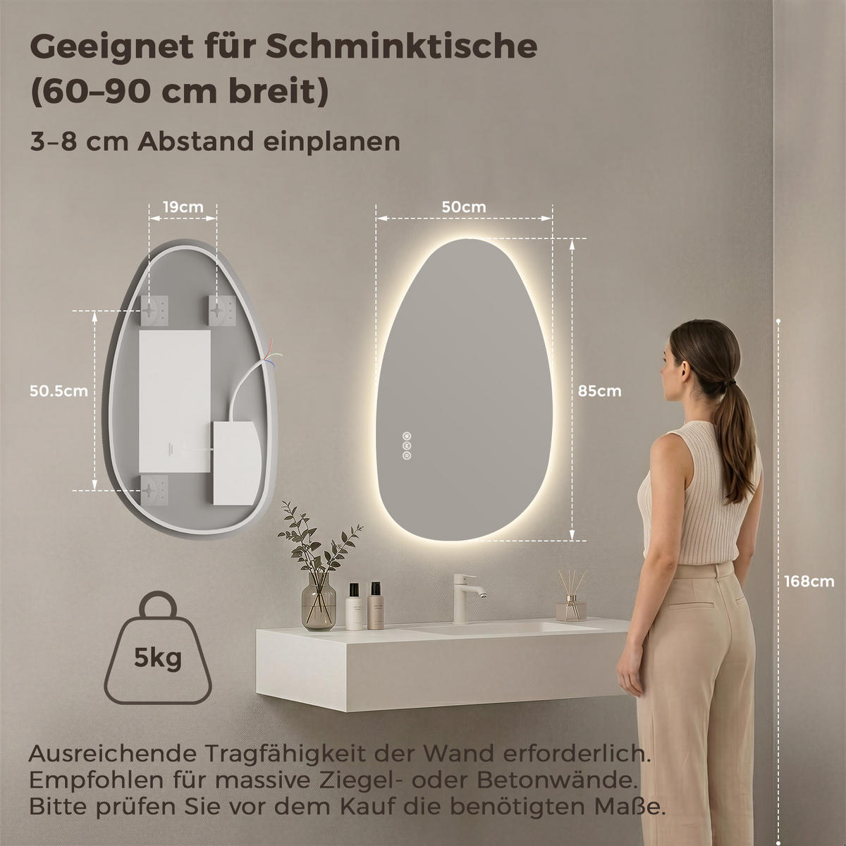 BADEZIMMERSPIEGEL mit Beleuchtung 50/85 cm asymmetrisch LED dimmbar mit Antibeschlag - Transparent, Glas (50/85/2.5cm) - S'AFIELINA