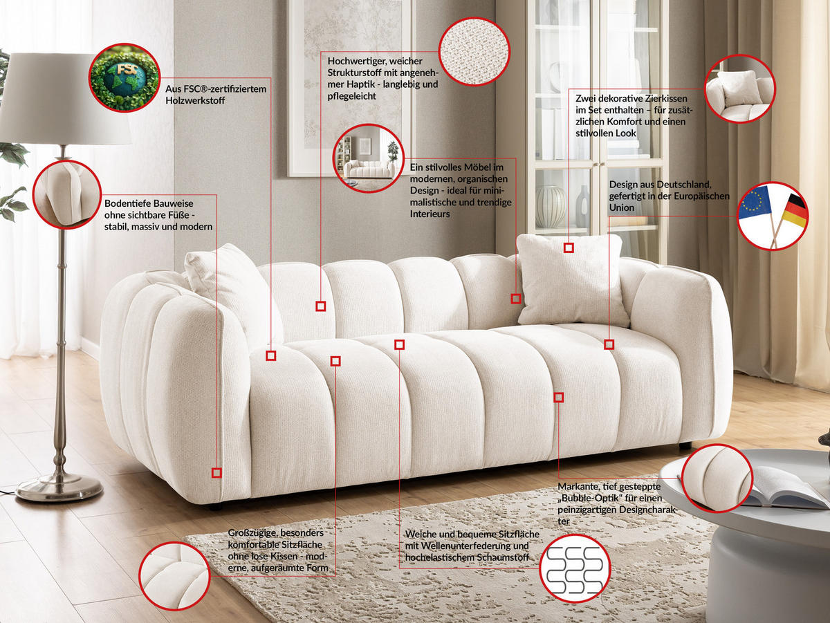 3-SITZER SOFA Nubira in tief gesteppter Bubble-Optik aus weichem Creme Strukturstoff im modernen Design - Creme/Schwarz, Holz/Kunststoff (228/69/89cm) - S-Style Möbel