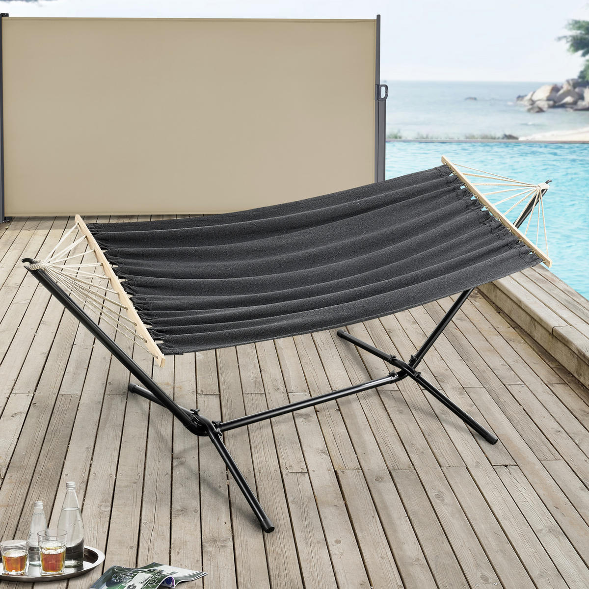 HÄNGEMATTE Surte - Dunkelgrau/Schwarz, Textil/Metall (300/105/100cm) - [en.casa]