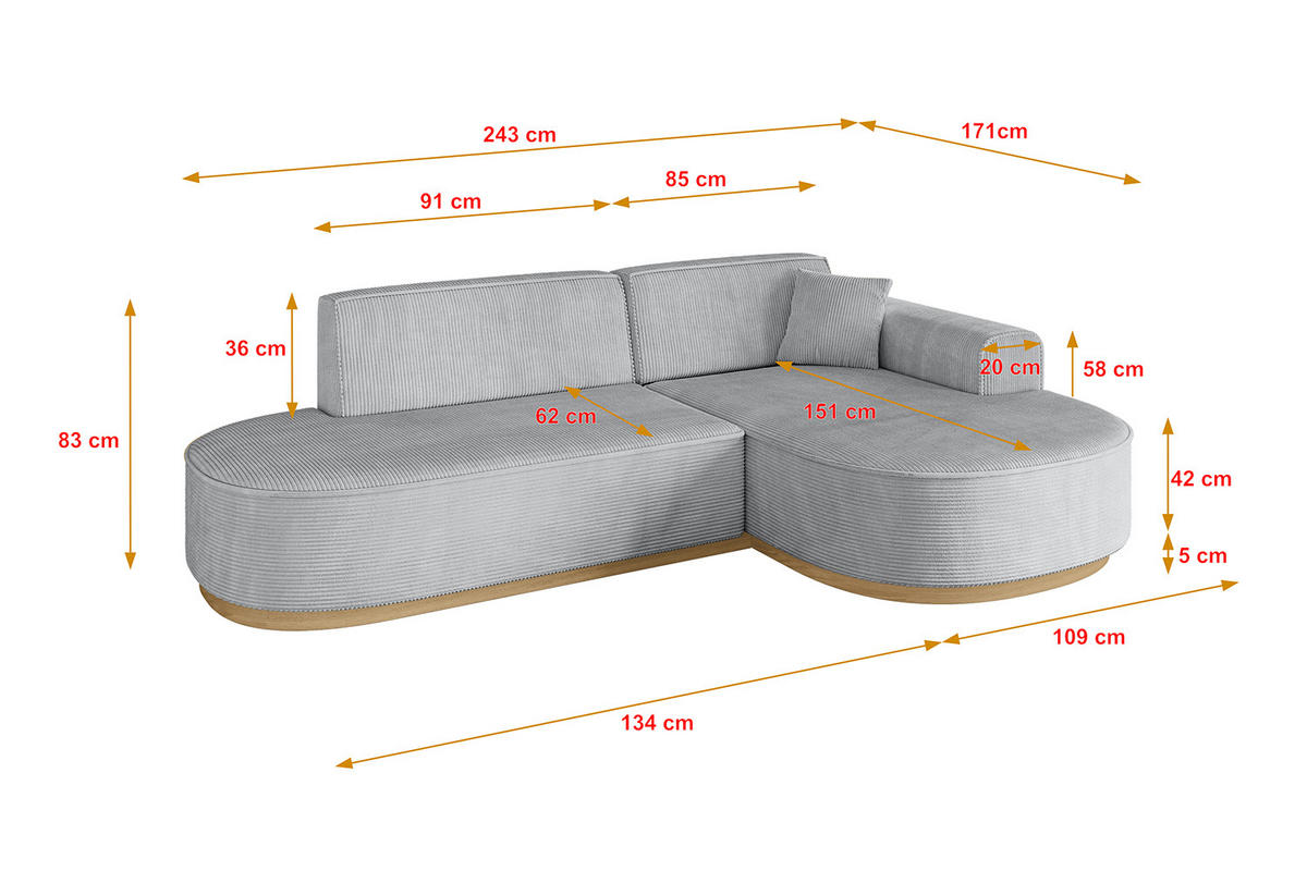 ECKSOFA Ottomane Rechts MARI-L1-v2 - 243x171x83 cm Grau Cord - Grau, Holzwerkstoff/Textil (171/243cm) - ALTDECOR