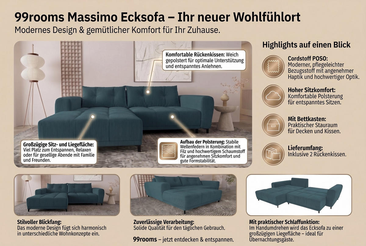 ECKSOFA Massimo Cordstoff Olivgrün inkl. Schlaffunktion Rechts - Schwarz/Olivgrün, Textil/Metall (246/177cm) - 99rooms