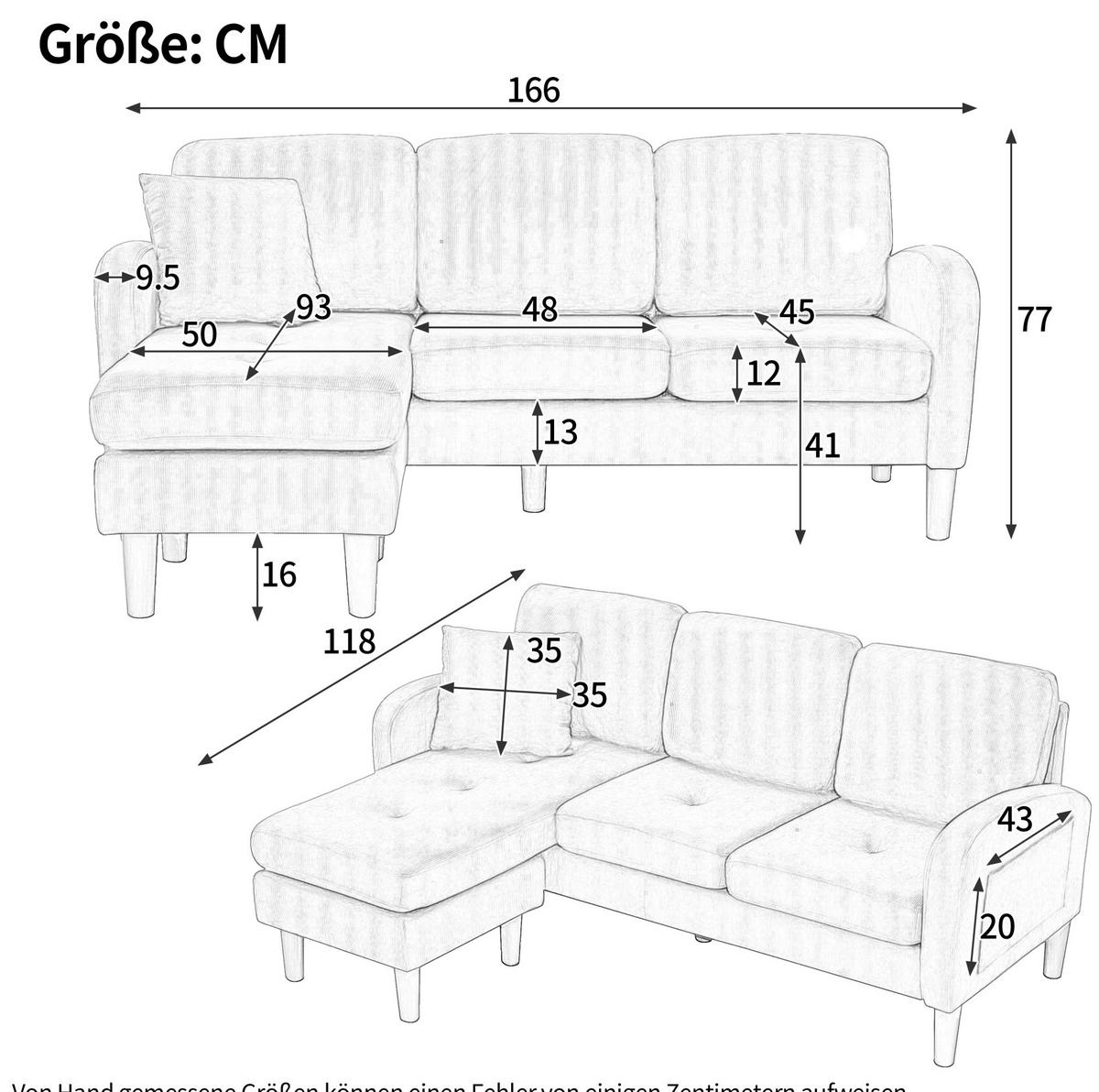 ECKSOFA 166/118/77 cm Grün aus Cord mit Chaiselongue - Grün, Textil (118/166cm) - OKMYHOME