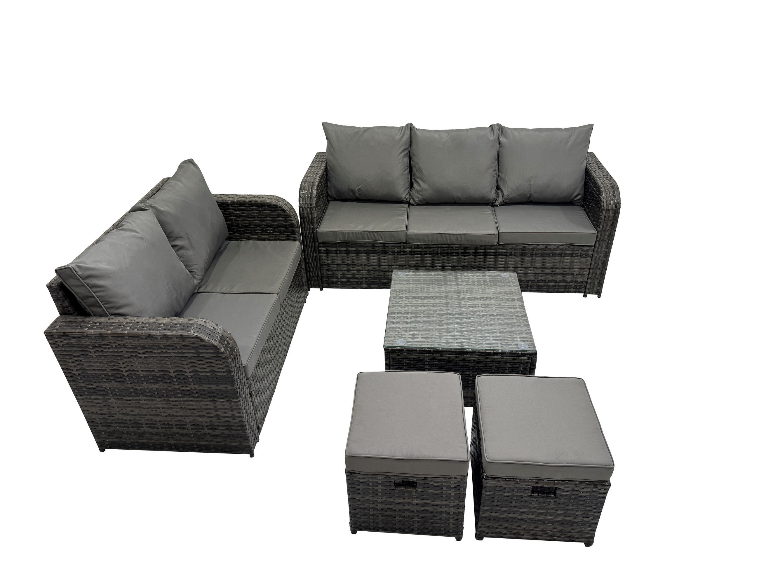 GARTENSOFA SET mit Couchtisch Polyrattan Dunkelgrau 5-teilige - Dunkelgrau/Grau, Glas/Kunststoff - Fimous