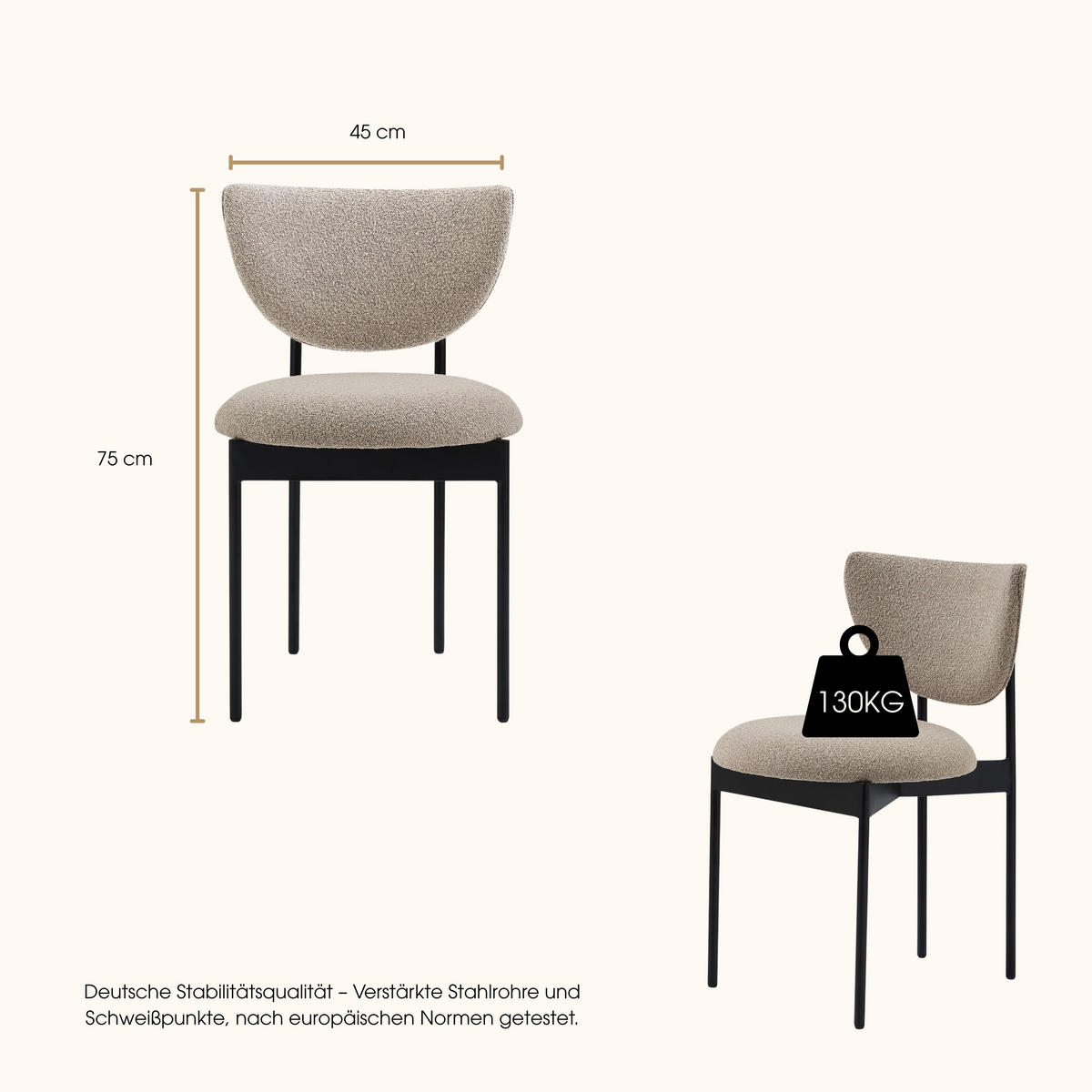 STUHL-SET DE-36862 2 Stück mit Stoffbezug Creme - Beige/Schwarz, Metall (47/76/54cm) - ComfortXL