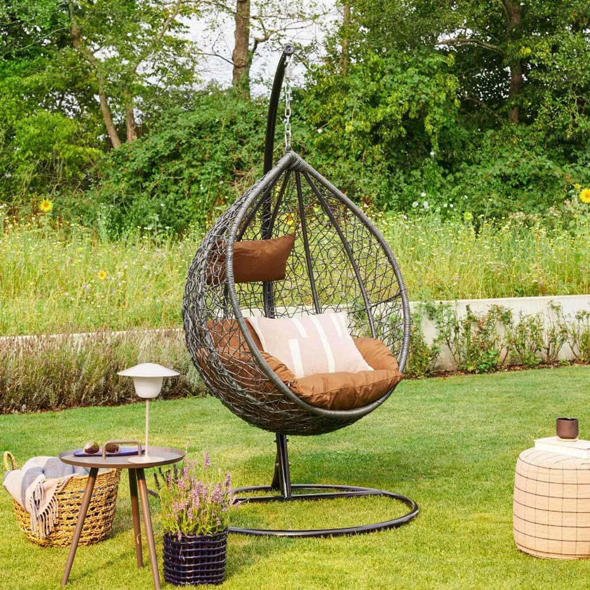 POLYRATTAN Hängesessel mit Gestell CIELO - Grau/Braun - Grau, Kunststoff (104/200/104cm) - Home Deluxe
