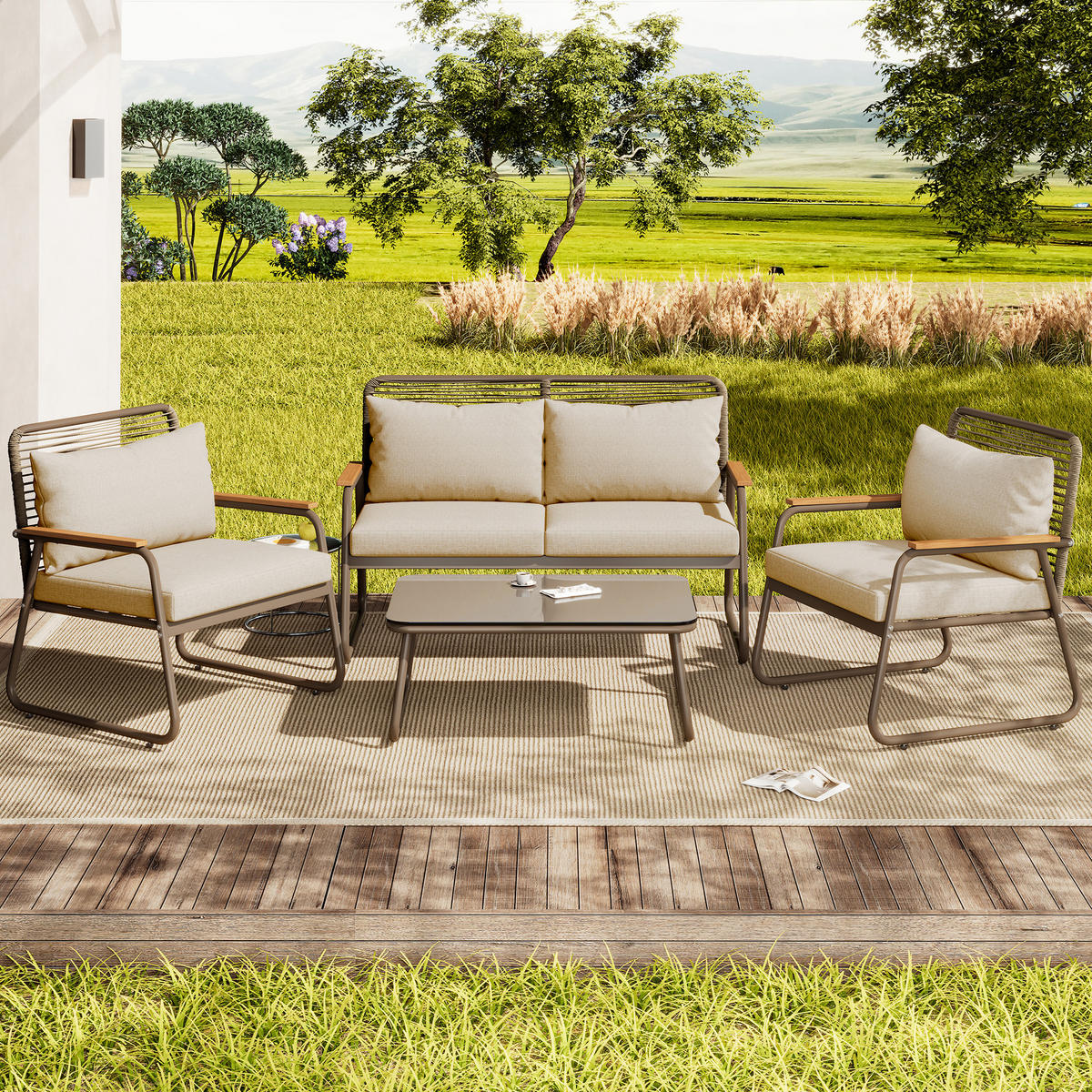 LOUNGESET 4 Personen Beige Mit Verstellbaren Füßen & Glastisch - Beige, Metall - FLIEKS