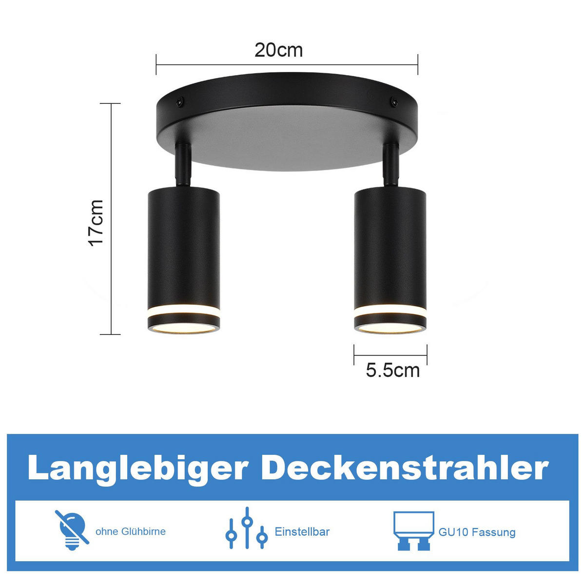 STRAHLER Heilbronn 2-flammig 20/20/17 cm - Schwarz, Metall (20/20/17cm) - Nettlife