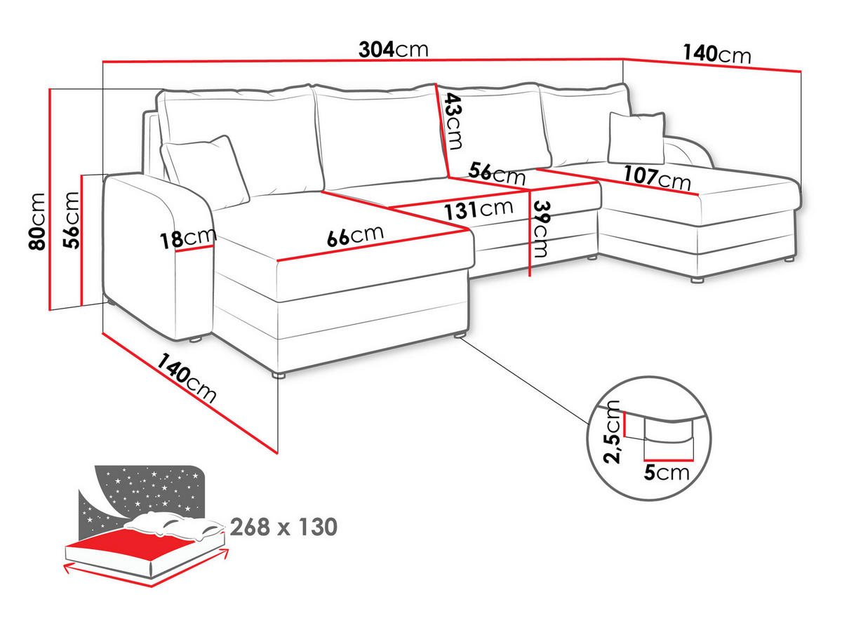 ECKSOFA Kris U Cord - Blau/Schwarz, Holz/Kunststoff (304/80/140cm) - MIRJAN24