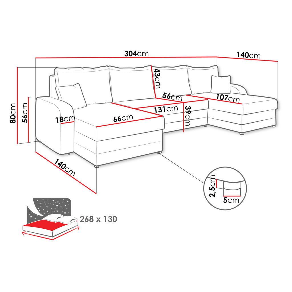 Thumbnail - Mirjan24 Ecksofa, Rosa, Textil, 6-Sitzer, U-Form,Rechteckig, 304x80x140 cm, Wohnzimmer, Sofas & Couches, Wohnlandschafte...