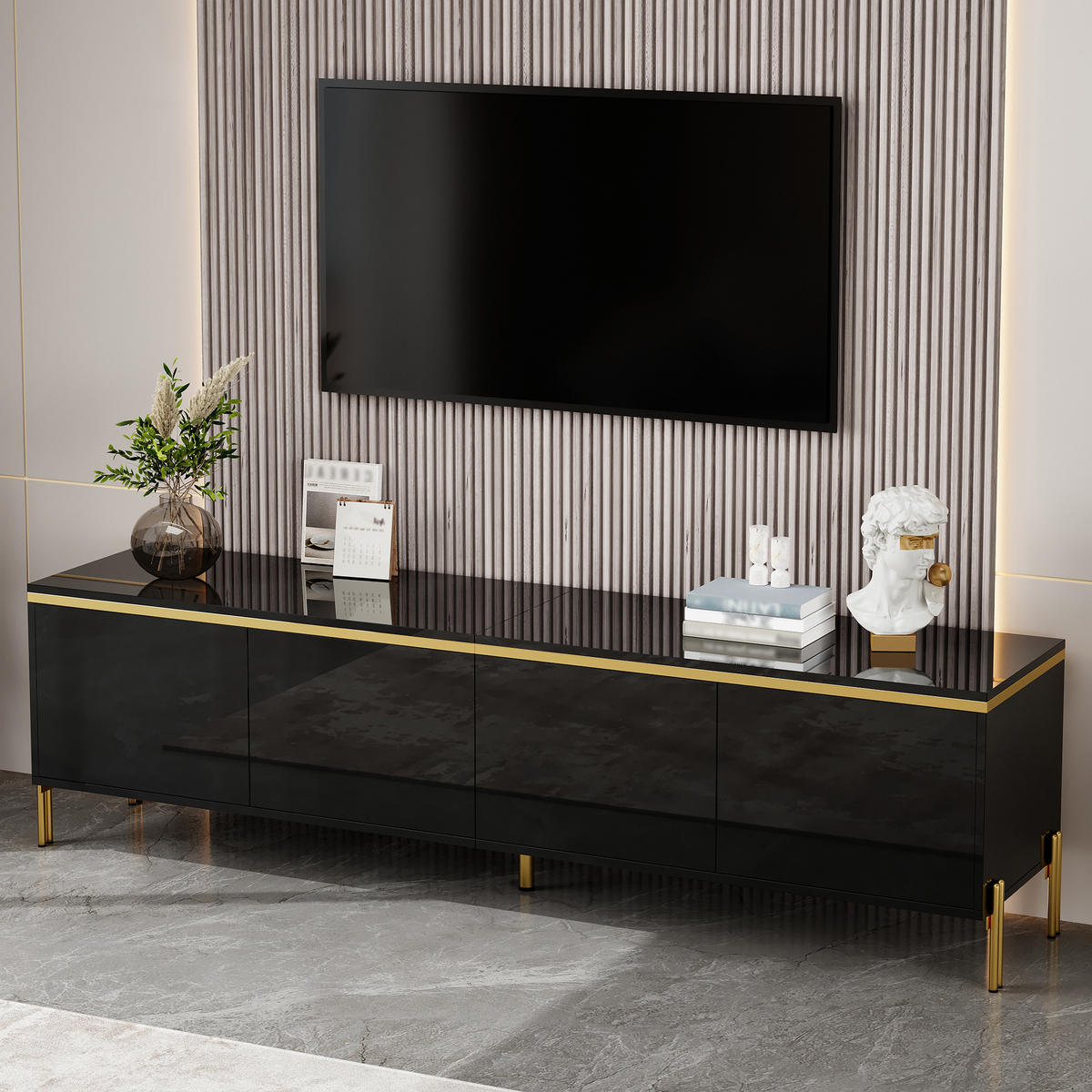 TV-STÄNDER Hochglanz 4 Türen Stauraum Kabelschnittstelle Goldkante - Schwarz, Holzwerkstoff (38/50/170cm) - FLIEKS