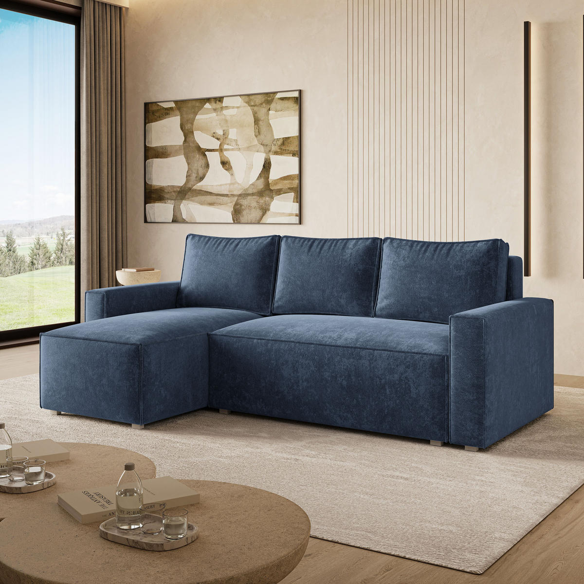 ECKSOFA POTARO LM Blau Chenille mit Schlaffunktion - Blau, Holzwerkstoff/Textil (232/140cm) - MASSENO