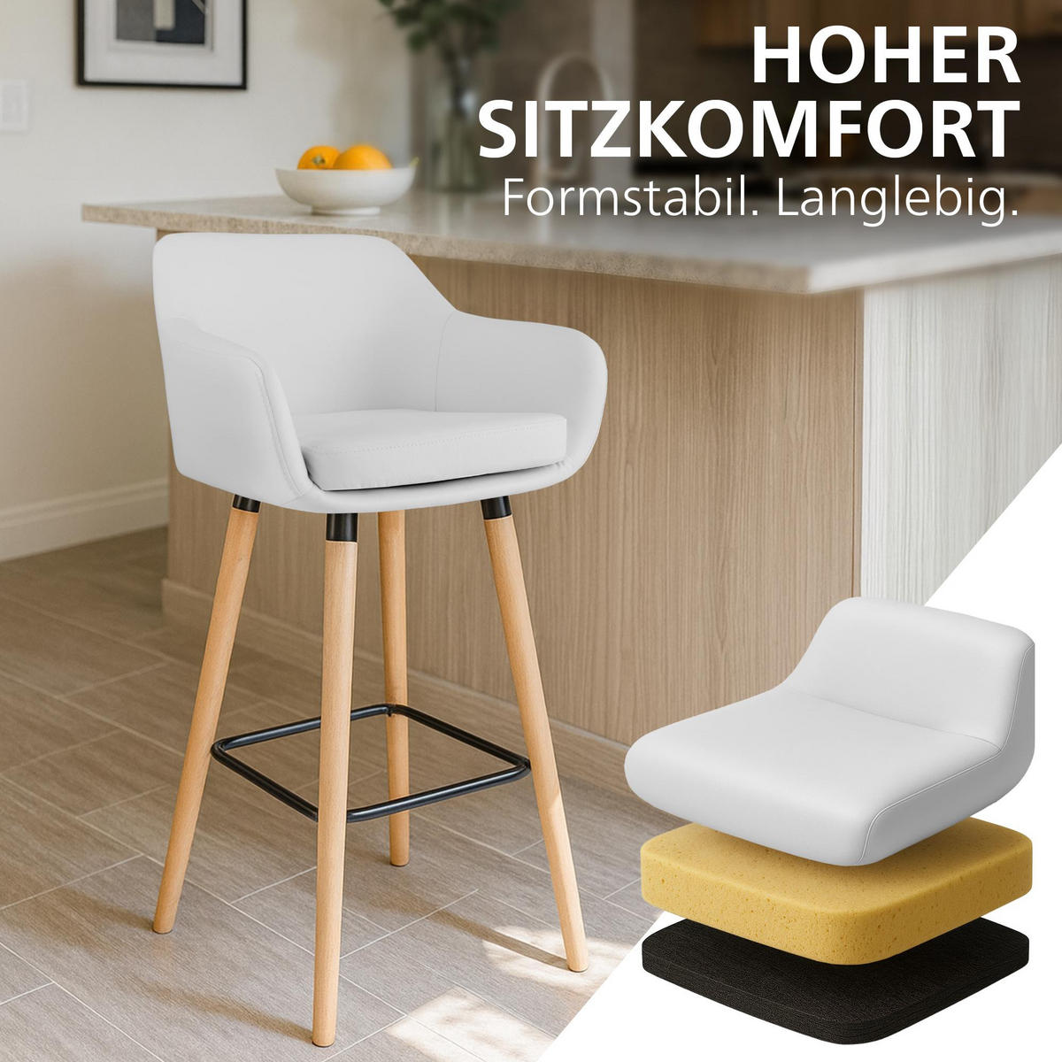 BARHOCKER 2 Lederlook Weiß - Eukalyptusholzfarben/Weiß, Holz/Textil (55/99/46cm) - CLP
