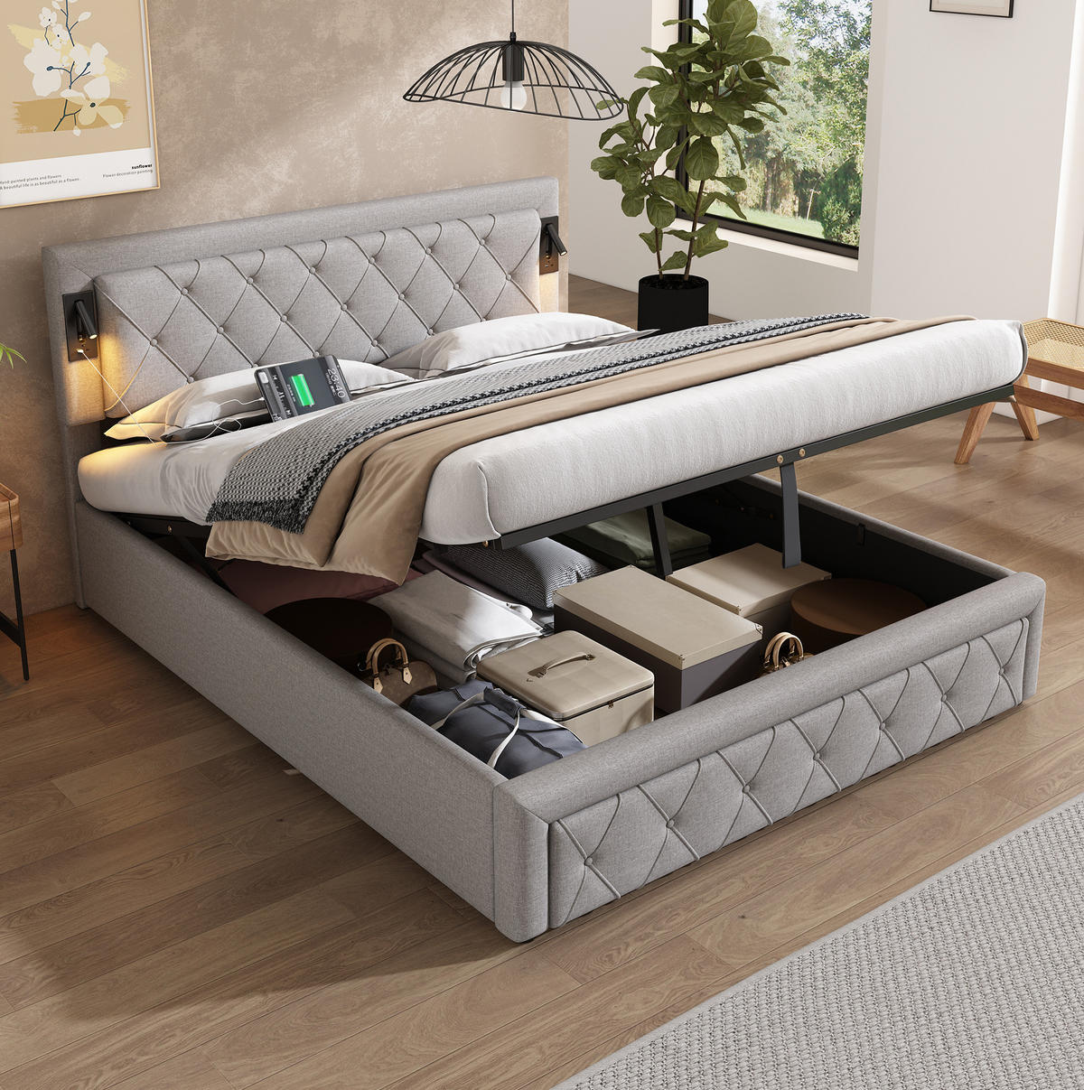 POLSTERBETT 160/200 cm Grau mit Downlight und USB-Schnittstellen - Grau, Textil (160/200cm) - OKWISH