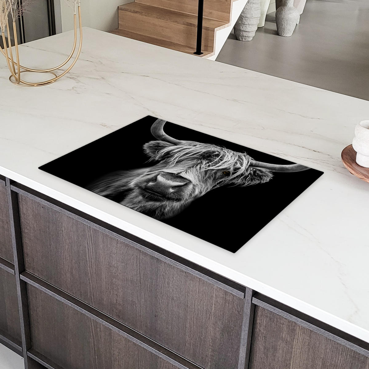 HERDABDECKPLATTE Schottischer Highlander - Hörner - Schwarz - Weiß - Kuh - Wild - Tiere Ceranfeldabdeckung 80x52 cm - Schwarz, Kunststoff (80/52/0.2cm) - MuchoWow