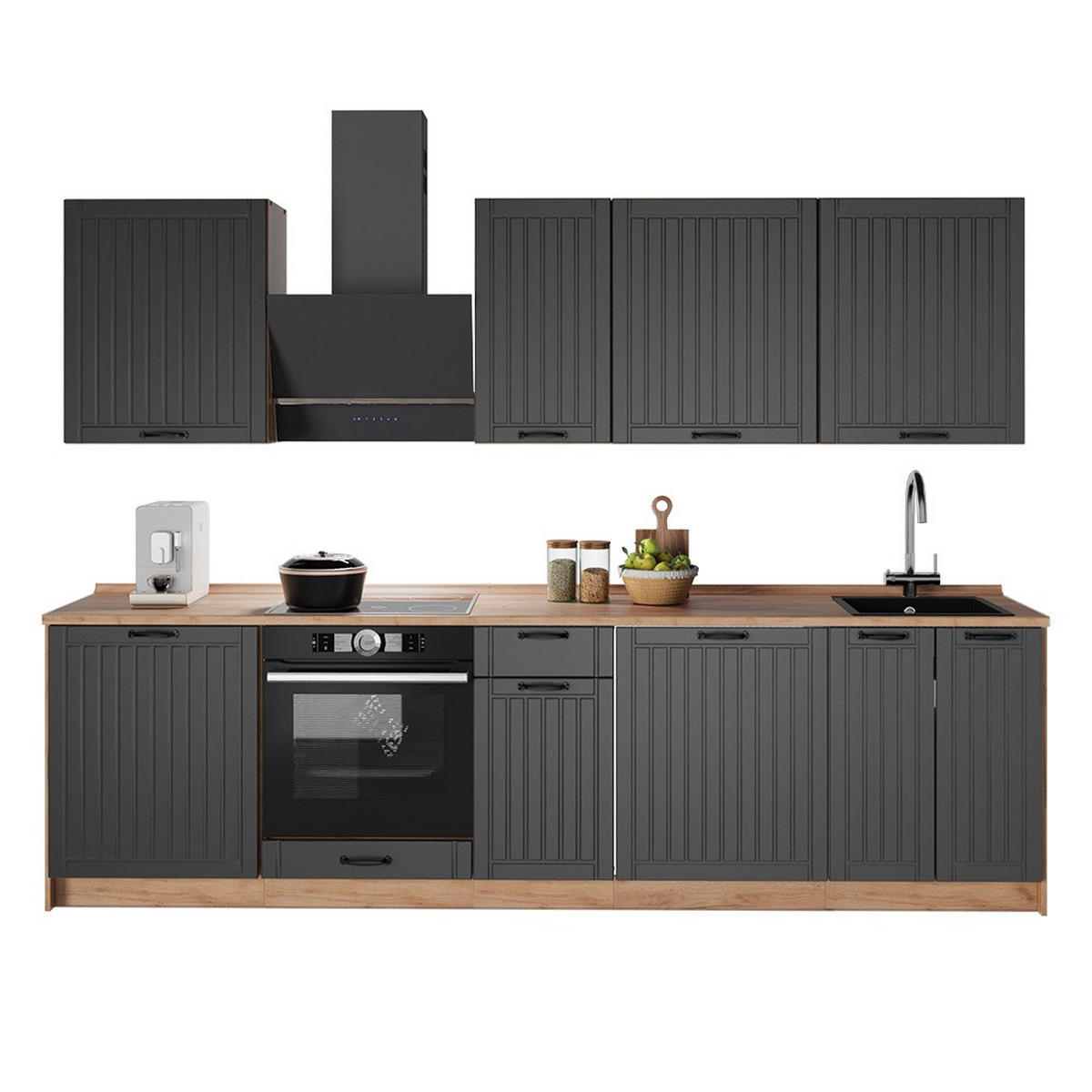 KÜCHENZEILE Fame-Line, Dunkelgrau/Goldkraft Eiche, 280 cm, AP Eiche - Honigeiche/Dunkelgrau, Holzwerkstoff (280/206.8/60cm) - Vicco