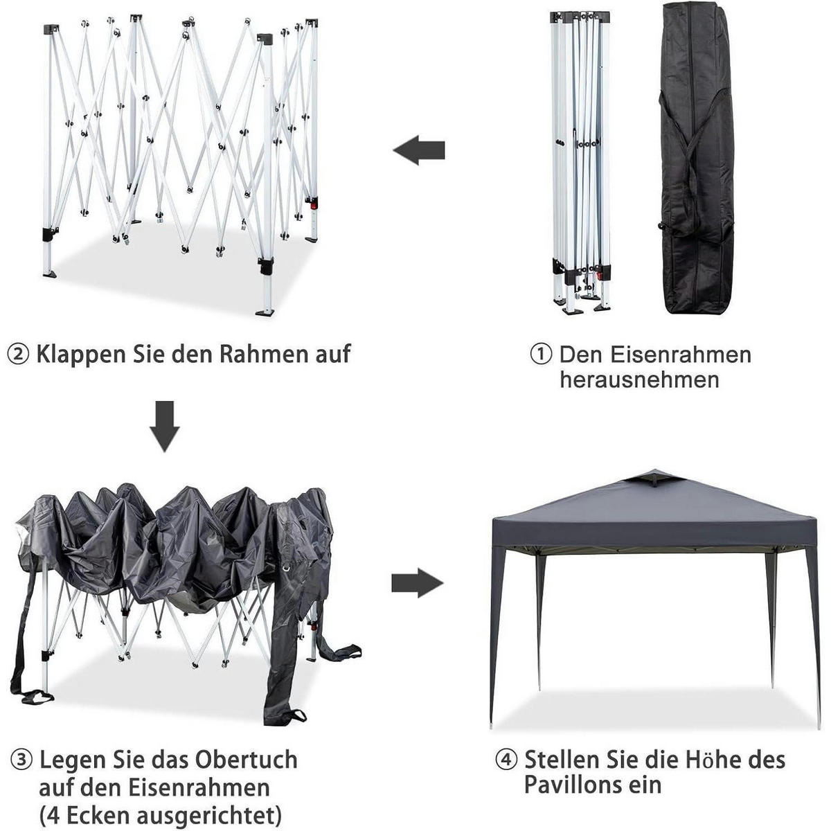 FALTPAVILLON 3x3m Anthrazit Höhenverstellbar Wasserdicht UV-Schutz 50+ - Anthrazit, Metall (300/265/300cm)