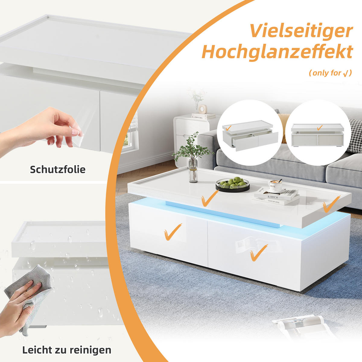 COUCHTISCH 95/45/35 cm weiß aus Spanplatte mit LED und 2 Schubladen - Weiß, Holzwerkstoff (95/45/35cm) - OKWISH