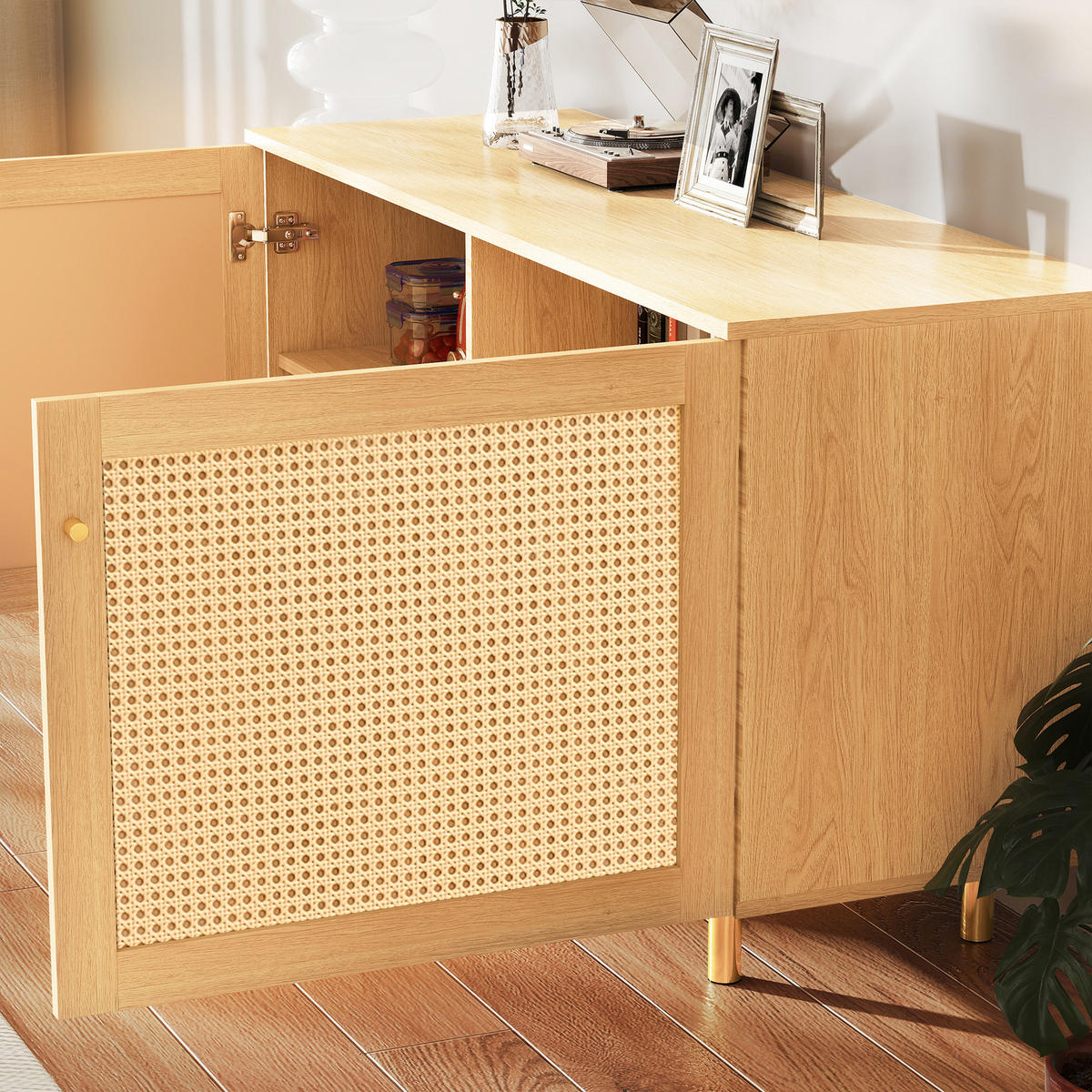 SIDEBOARD in Naturfarben Aufbewahrungsschrank aus Korbgeflecht für Wohnzimmer, B120/T40/H63cm - Goldfarben/Naturfarben, Holzwerkstoff/Metall (120/63/40cm) - STILVORA